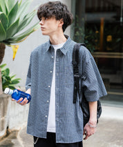 新色追加 オーバーサイズ 無地/チェック柄/ストライプ柄レギュラーカラー半袖シャツ 13977