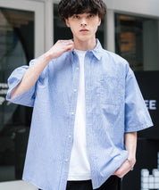 新色追加 オーバーサイズ 無地/チェック柄/ストライプ柄レギュラーカラー半袖シャツ 13977