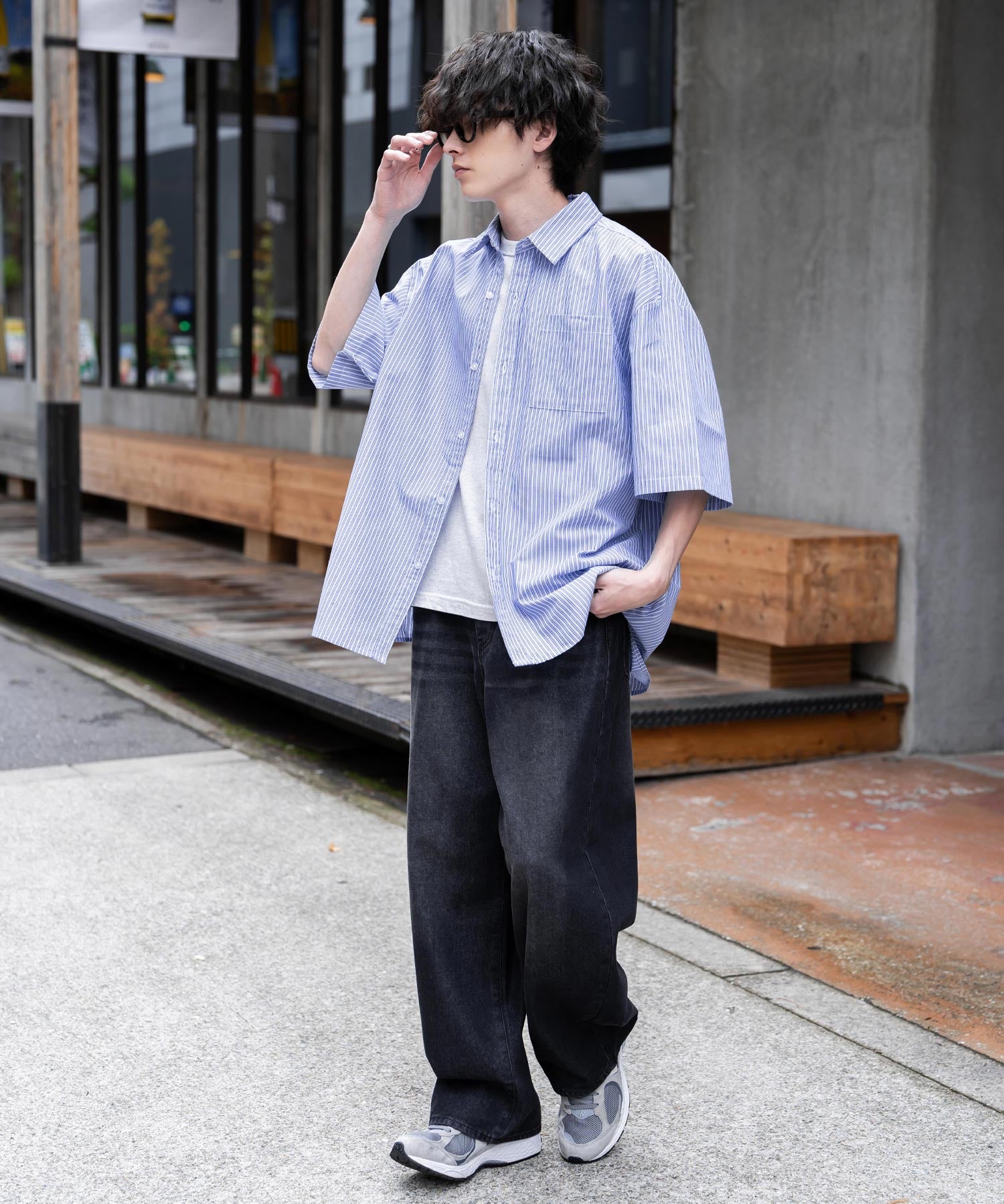 新色追加 オーバーサイズ 無地/チェック柄/ストライプ柄レギュラーカラー半袖シャツ 13977