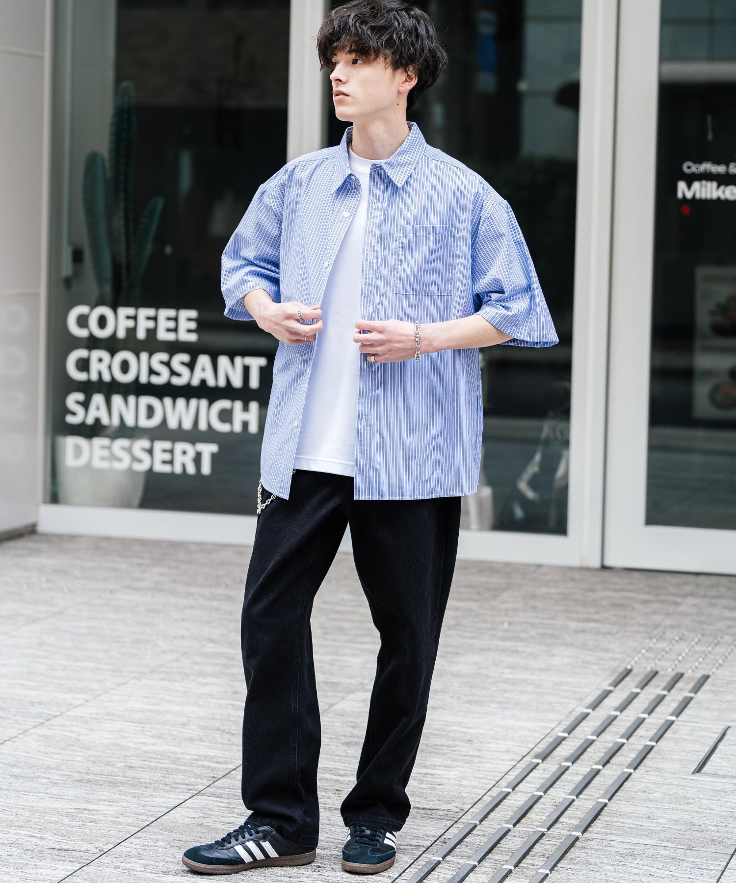 新色追加 オーバーサイズ 無地/チェック柄/ストライプ柄レギュラーカラー半袖シャツ 13977