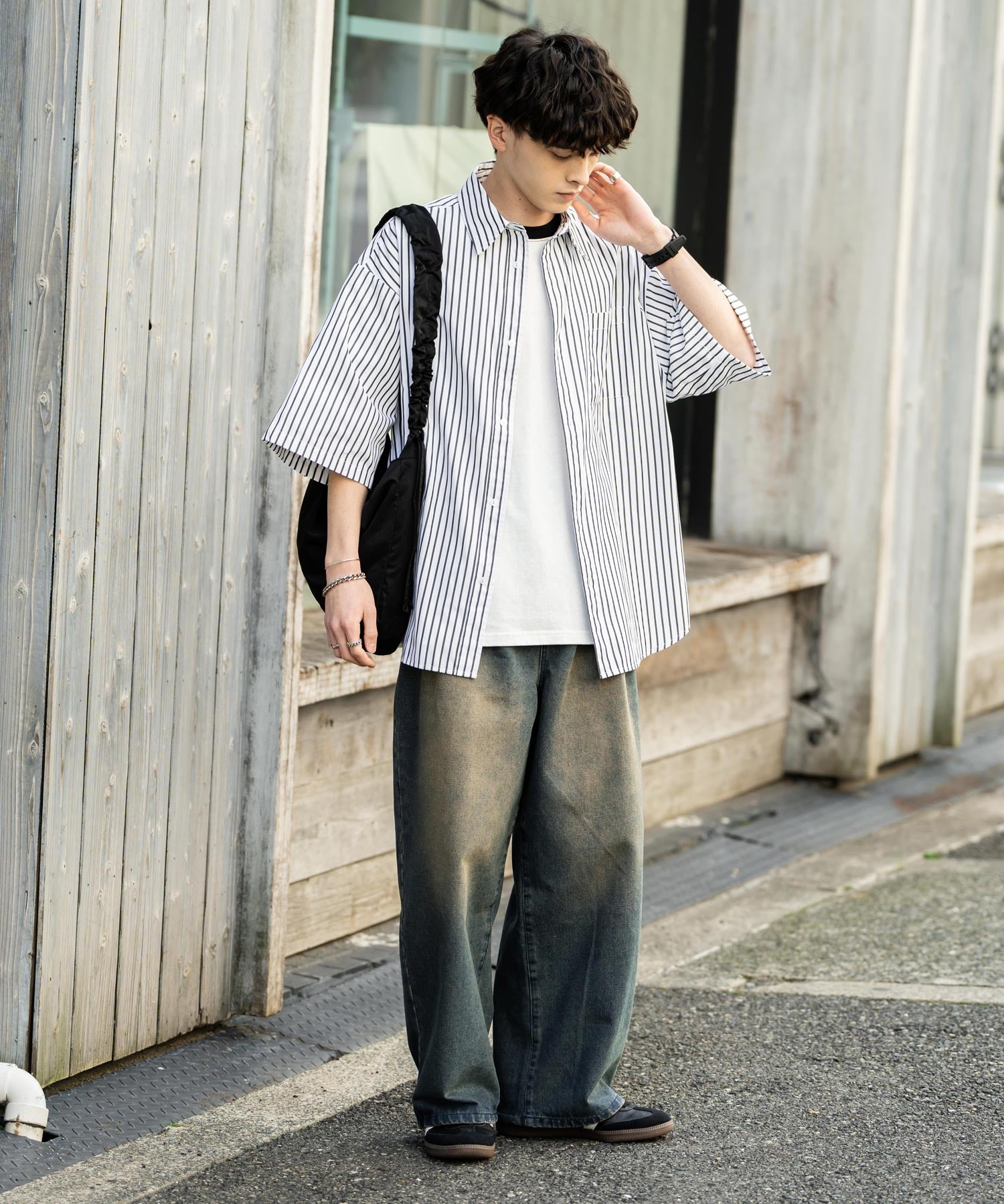 新色追加 オーバーサイズ 無地/チェック柄/ストライプ柄レギュラーカラー半袖シャツ 13977