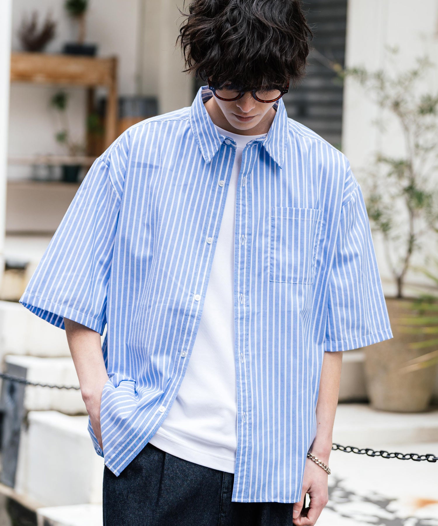 新色追加 オーバーサイズ 無地/チェック柄/ストライプ柄レギュラーカラー半袖シャツ 13977