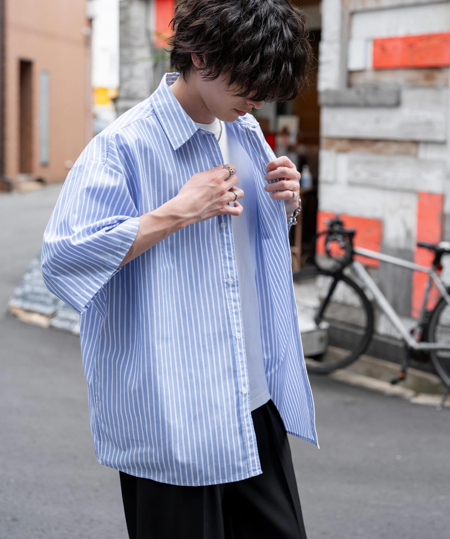 新色追加 オーバーサイズ 無地/チェック柄/ストライプ柄レギュラーカラー半袖シャツ 13977