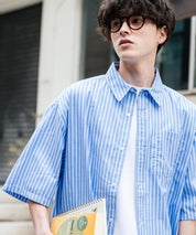 新色追加 オーバーサイズ 無地/チェック柄/ストライプ柄レギュラーカラー半袖シャツ 13977