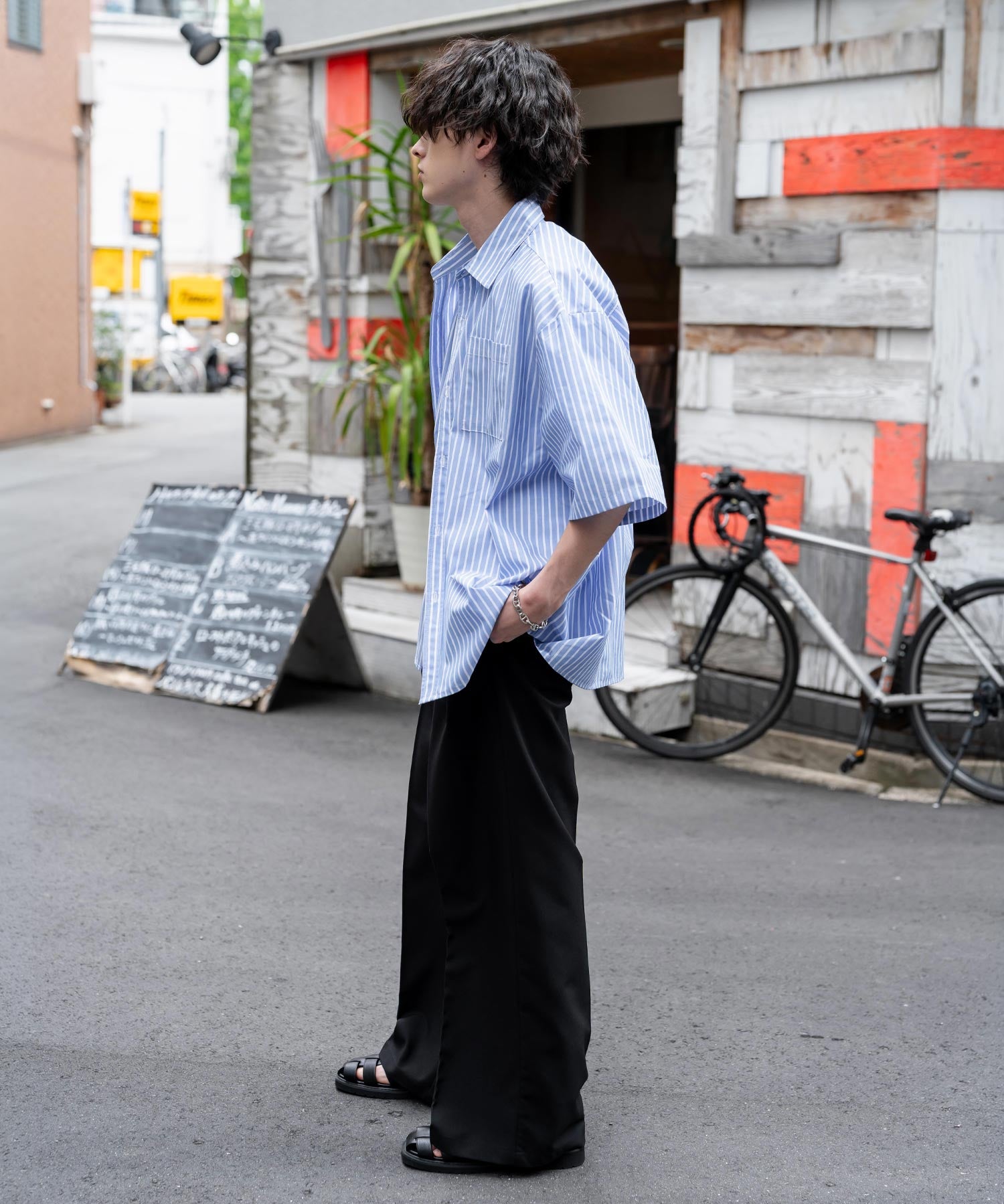 新色追加 オーバーサイズ 無地/チェック柄/ストライプ柄レギュラーカラー半袖シャツ 13977