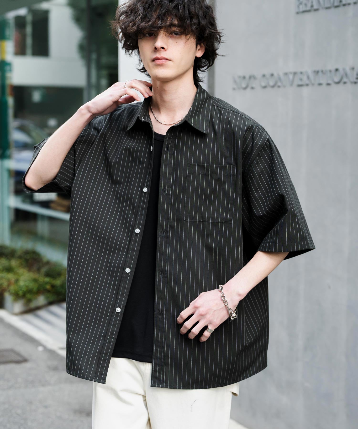 新色追加 オーバーサイズ 無地/チェック柄/ストライプ柄レギュラーカラー半袖シャツ 13977