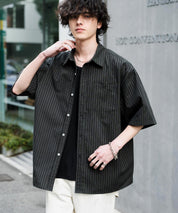新色追加 オーバーサイズ 無地/チェック柄/ストライプ柄レギュラーカラー半袖シャツ 13977