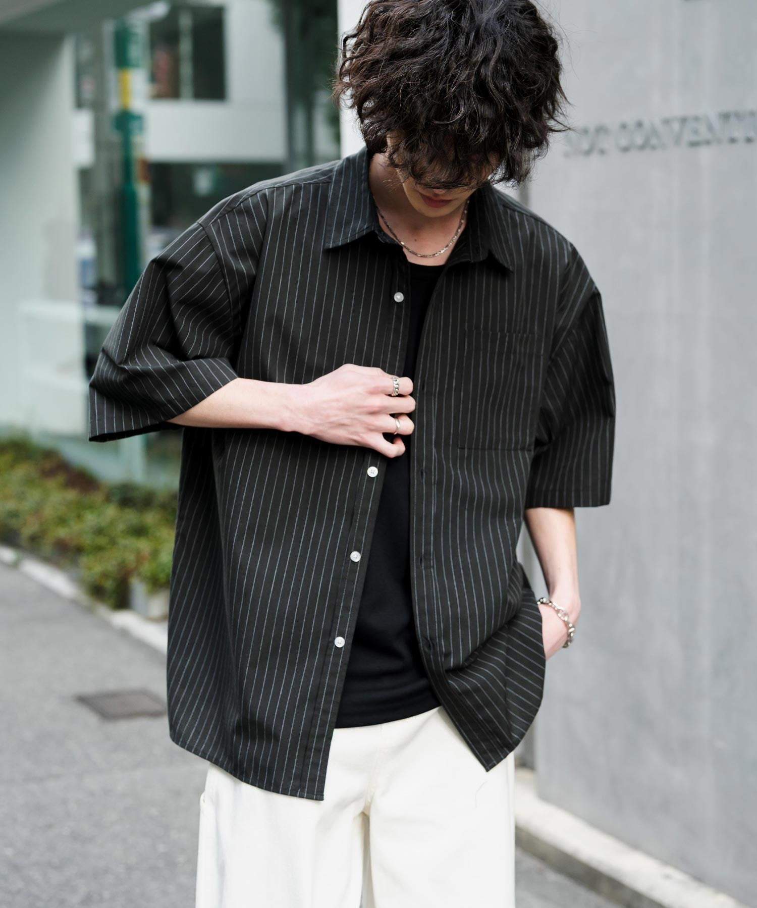 新色追加 オーバーサイズ 無地/チェック柄/ストライプ柄レギュラーカラー半袖シャツ 13977