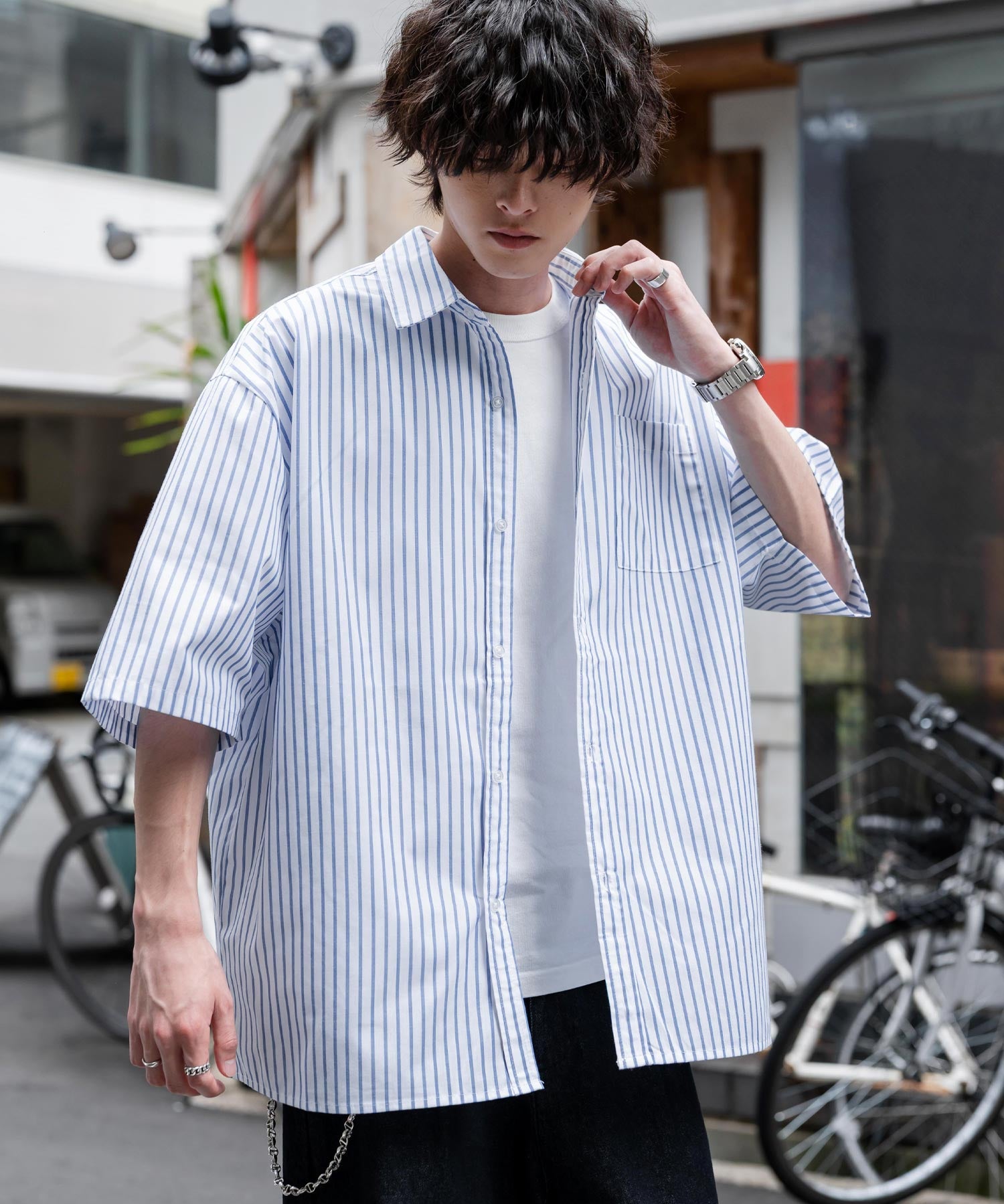 新色追加 オーバーサイズ 無地/チェック柄/ストライプ柄レギュラーカラー半袖シャツ 13977