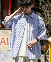 新色追加 オーバーサイズ 無地/チェック柄/ストライプ柄レギュラーカラー半袖シャツ 13977