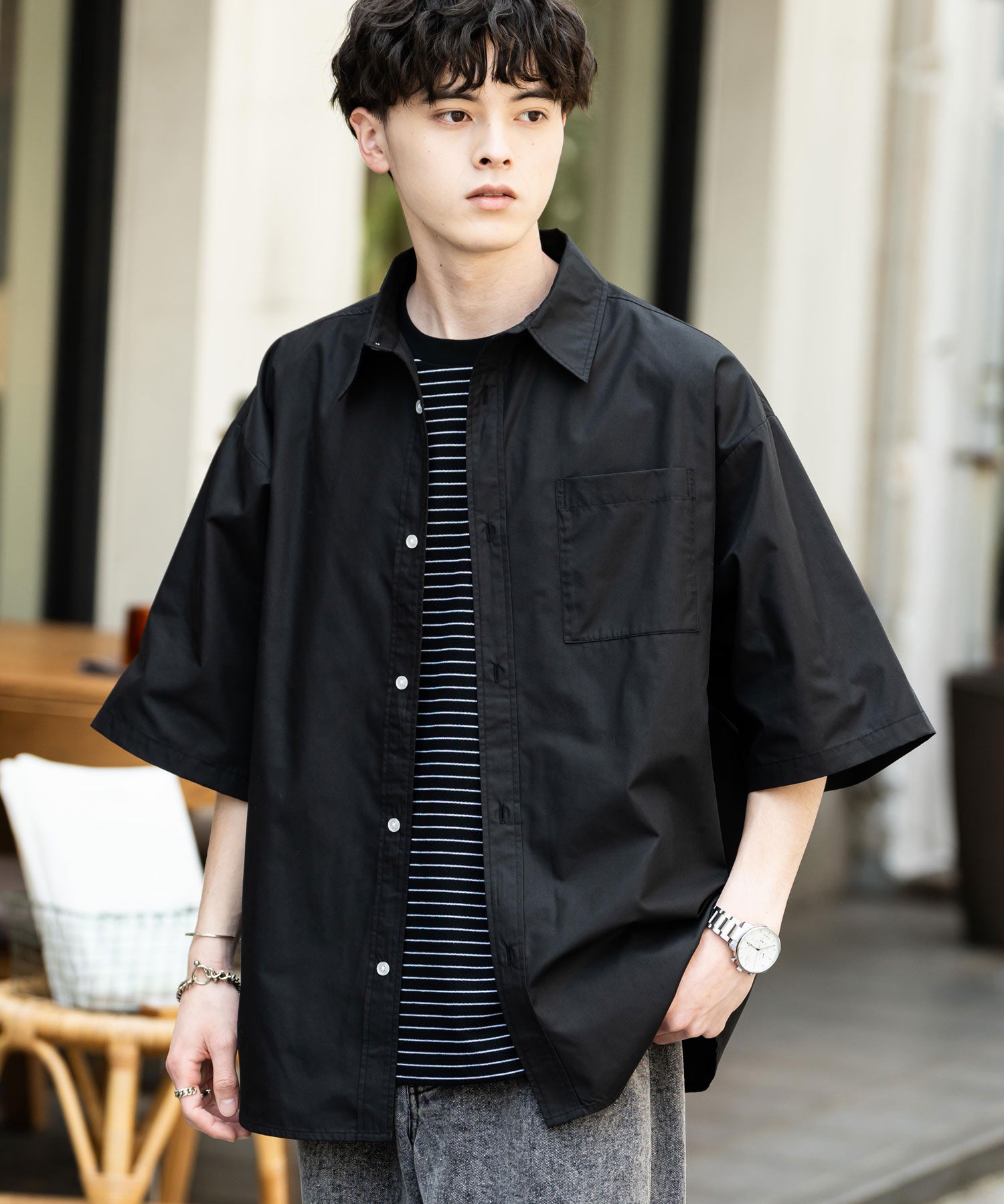 新色追加 オーバーサイズ 無地/チェック柄/ストライプ柄レギュラーカラー半袖シャツ 13977