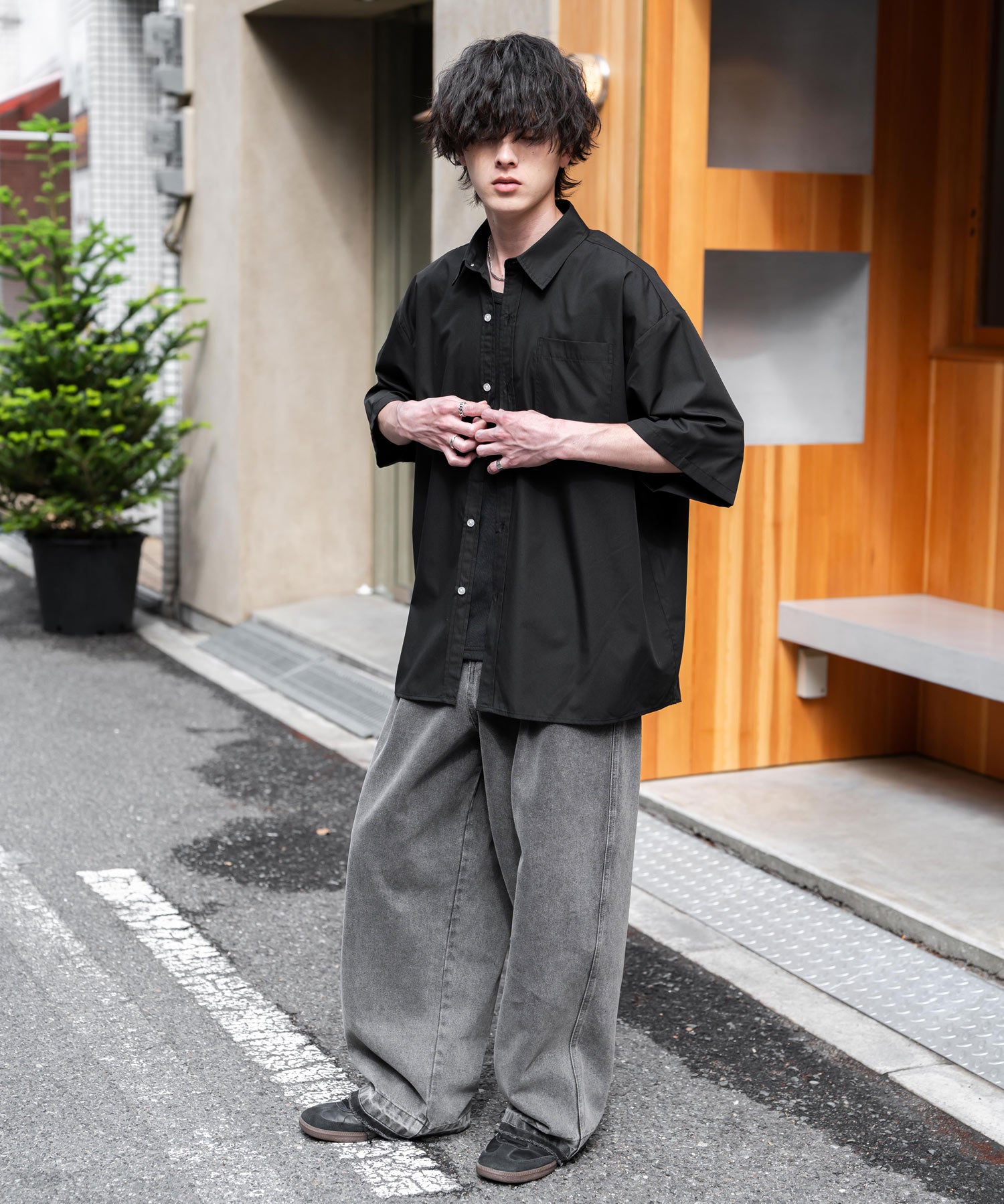 新色追加 オーバーサイズ 無地/チェック柄/ストライプ柄レギュラーカラー半袖シャツ 13977