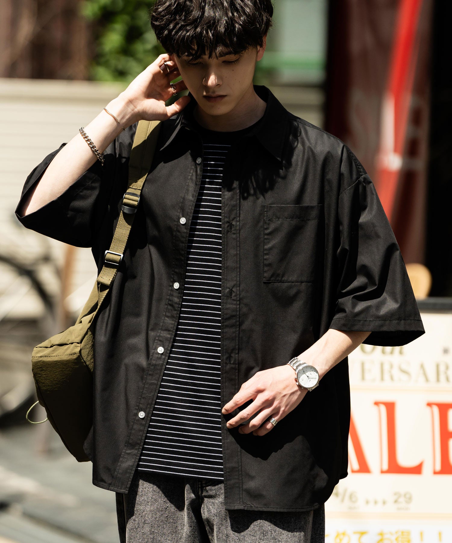 新色追加 オーバーサイズ 無地/チェック柄/ストライプ柄レギュラーカラー半袖シャツ 13977