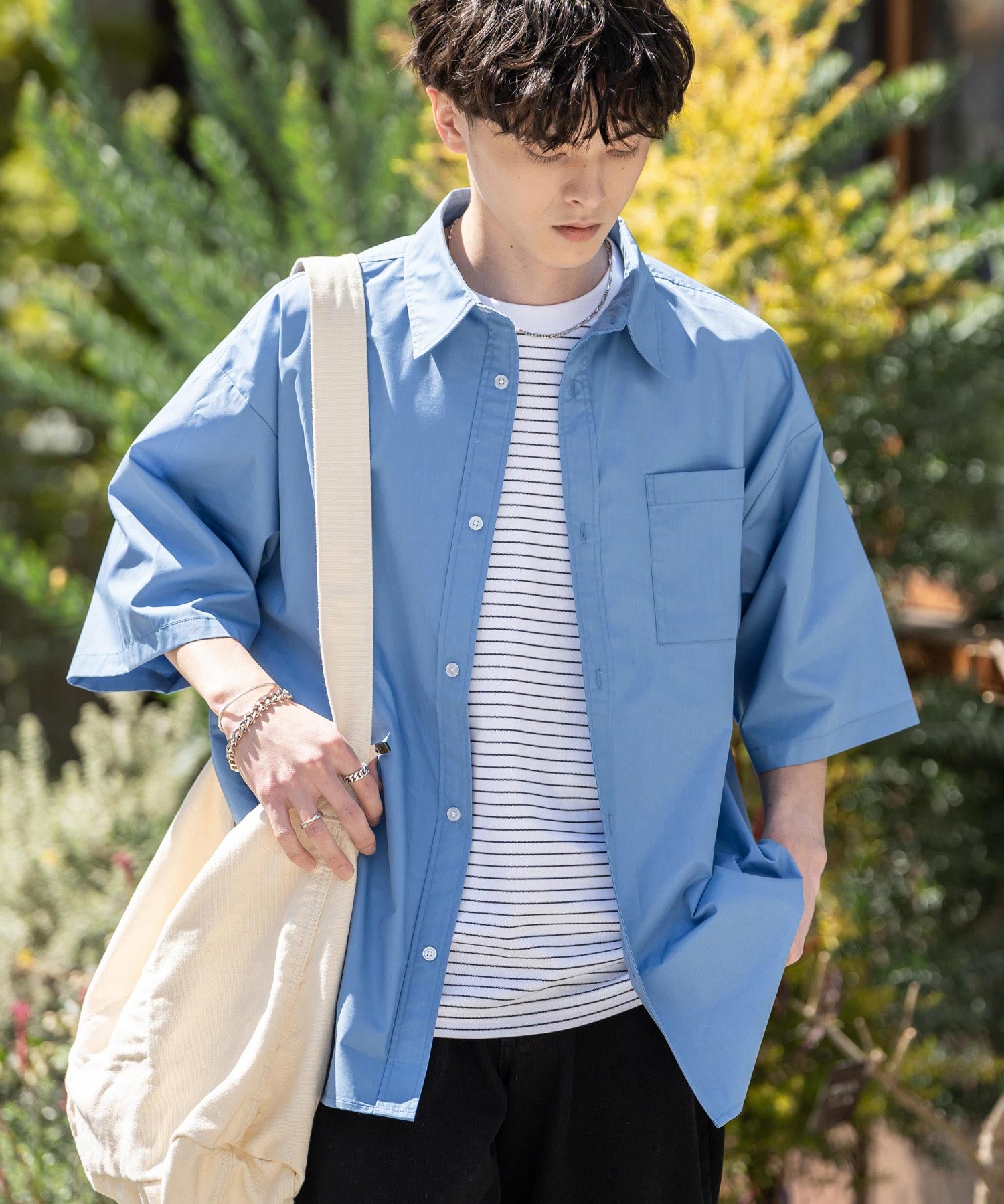 新色追加 オーバーサイズ 無地/チェック柄/ストライプ柄レギュラーカラー半袖シャツ 13977