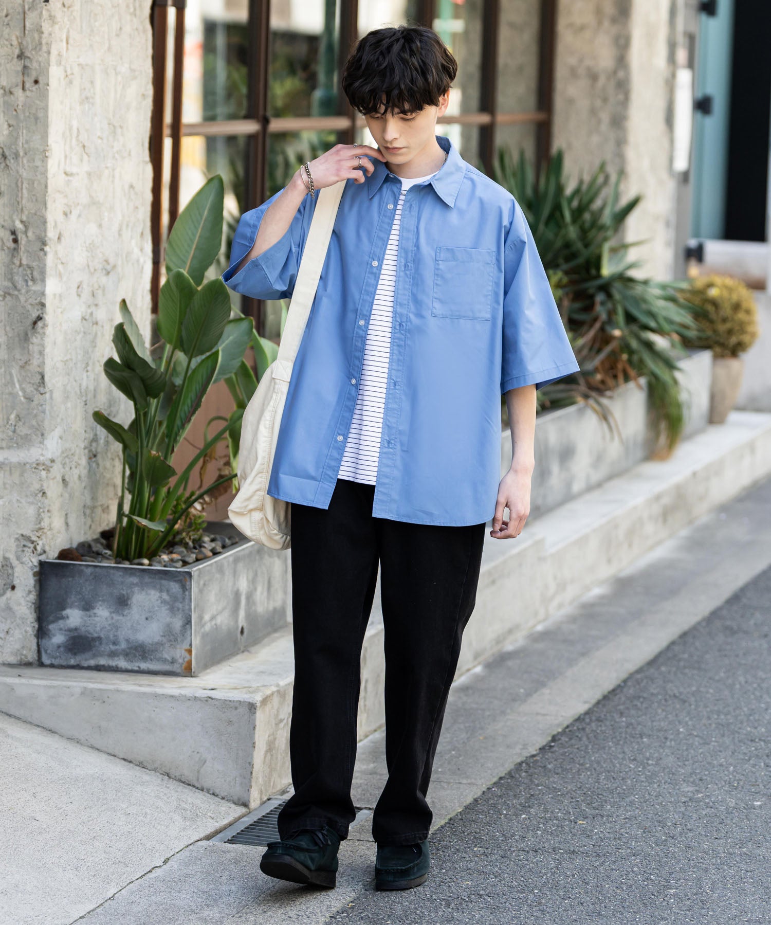 新色追加 オーバーサイズ 無地/チェック柄/ストライプ柄レギュラーカラー半袖シャツ 13977