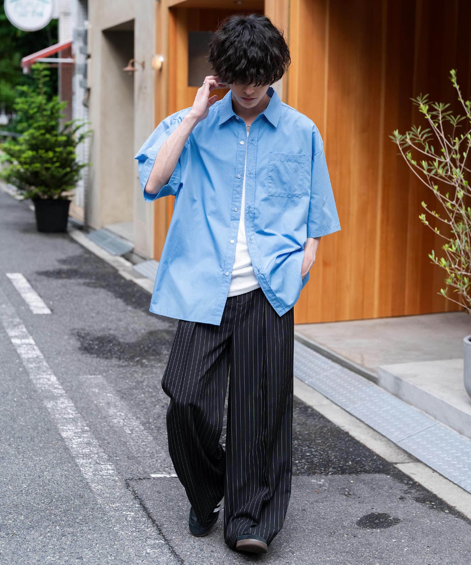 新色追加 オーバーサイズ 無地/チェック柄/ストライプ柄レギュラーカラー半袖シャツ 13977