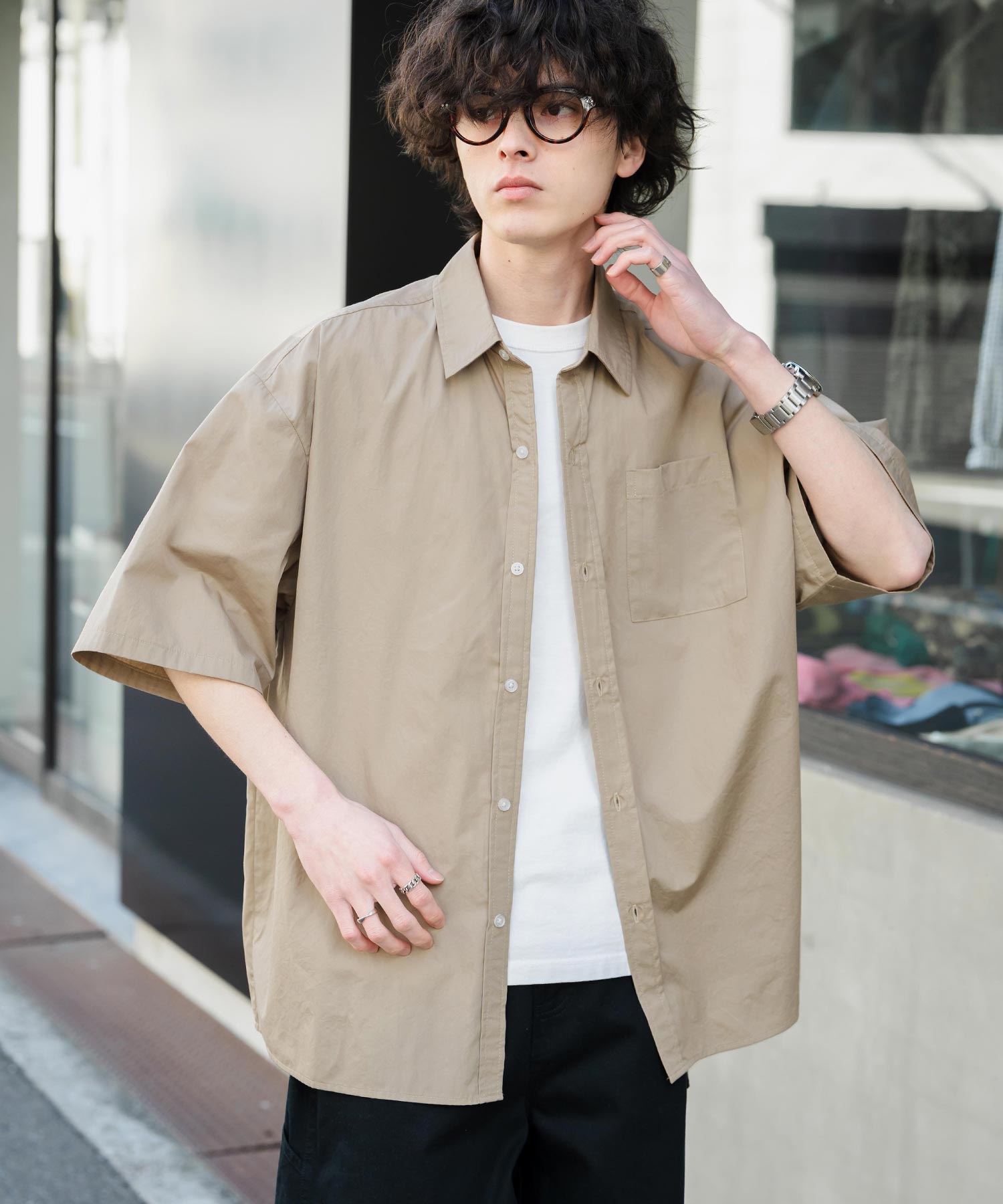 ストライプ柄レギュラーカラー半袖シャツ 13977