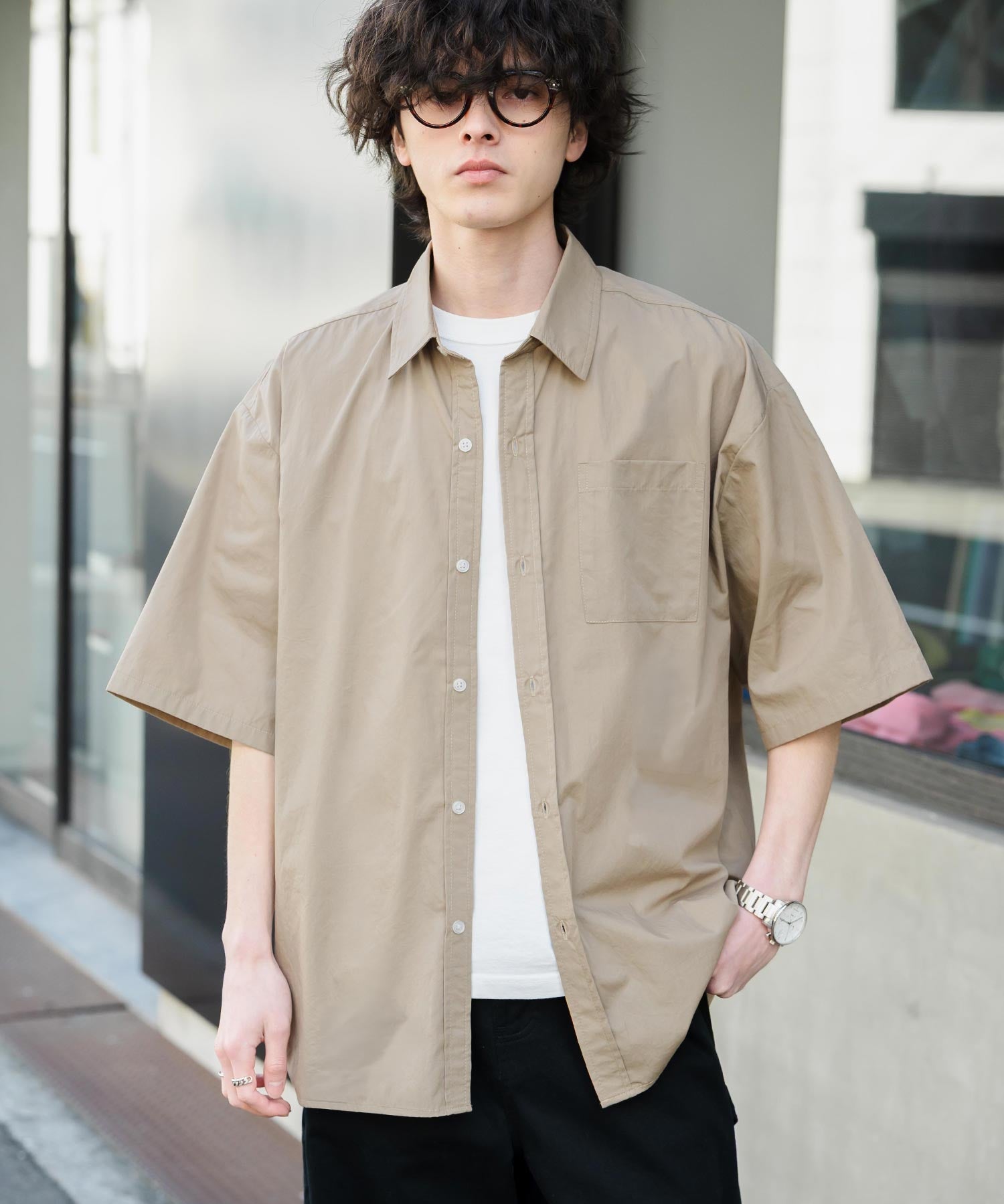 新色追加 オーバーサイズ 無地/チェック柄/ストライプ柄レギュラーカラー半袖シャツ 13977