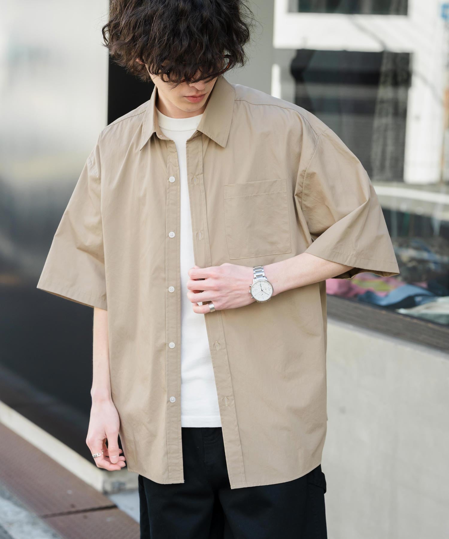 新色追加 オーバーサイズ 無地/チェック柄/ストライプ柄レギュラーカラー半袖シャツ 13977