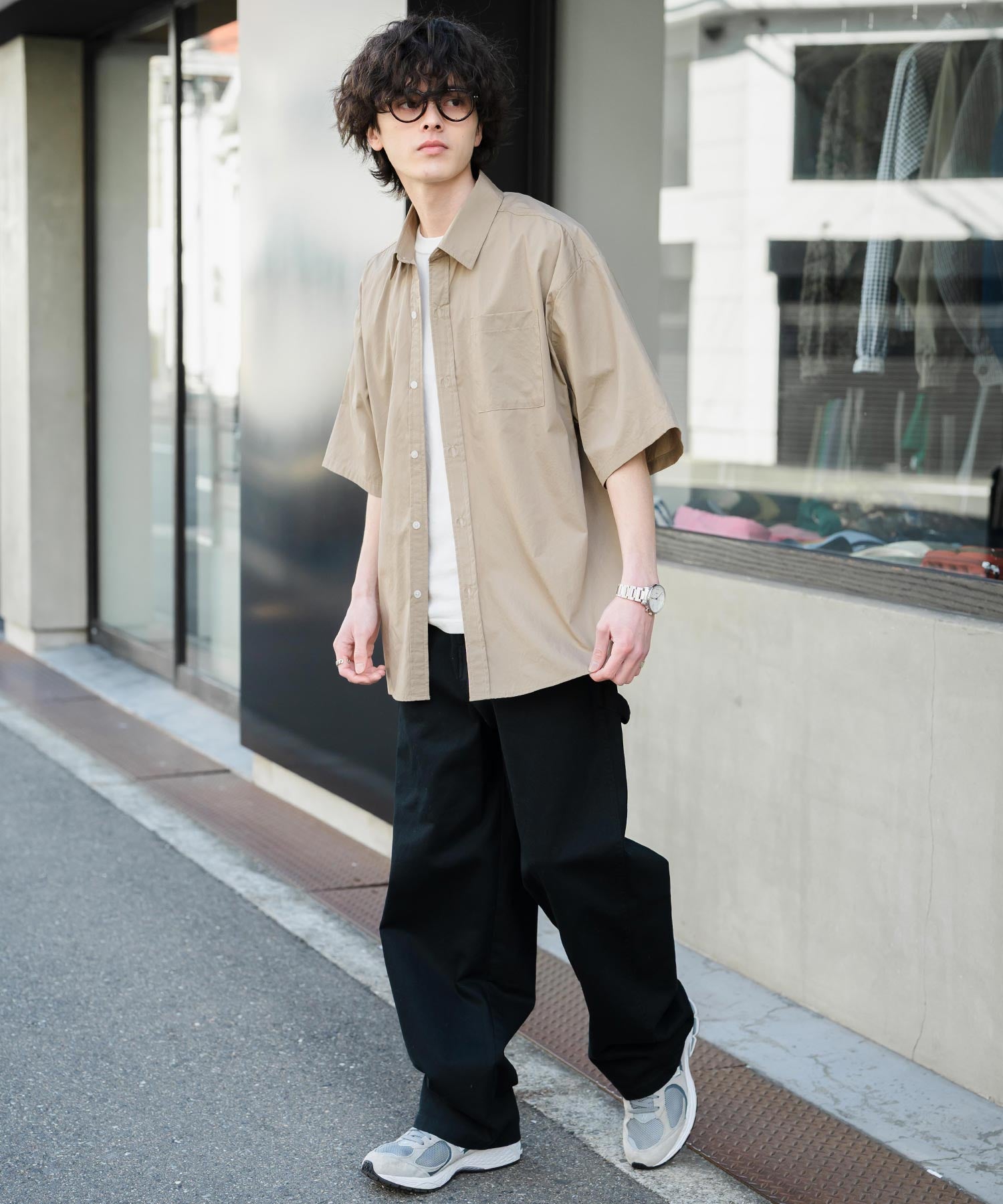 新色追加 オーバーサイズ 無地/チェック柄/ストライプ柄レギュラーカラー半袖シャツ 13977