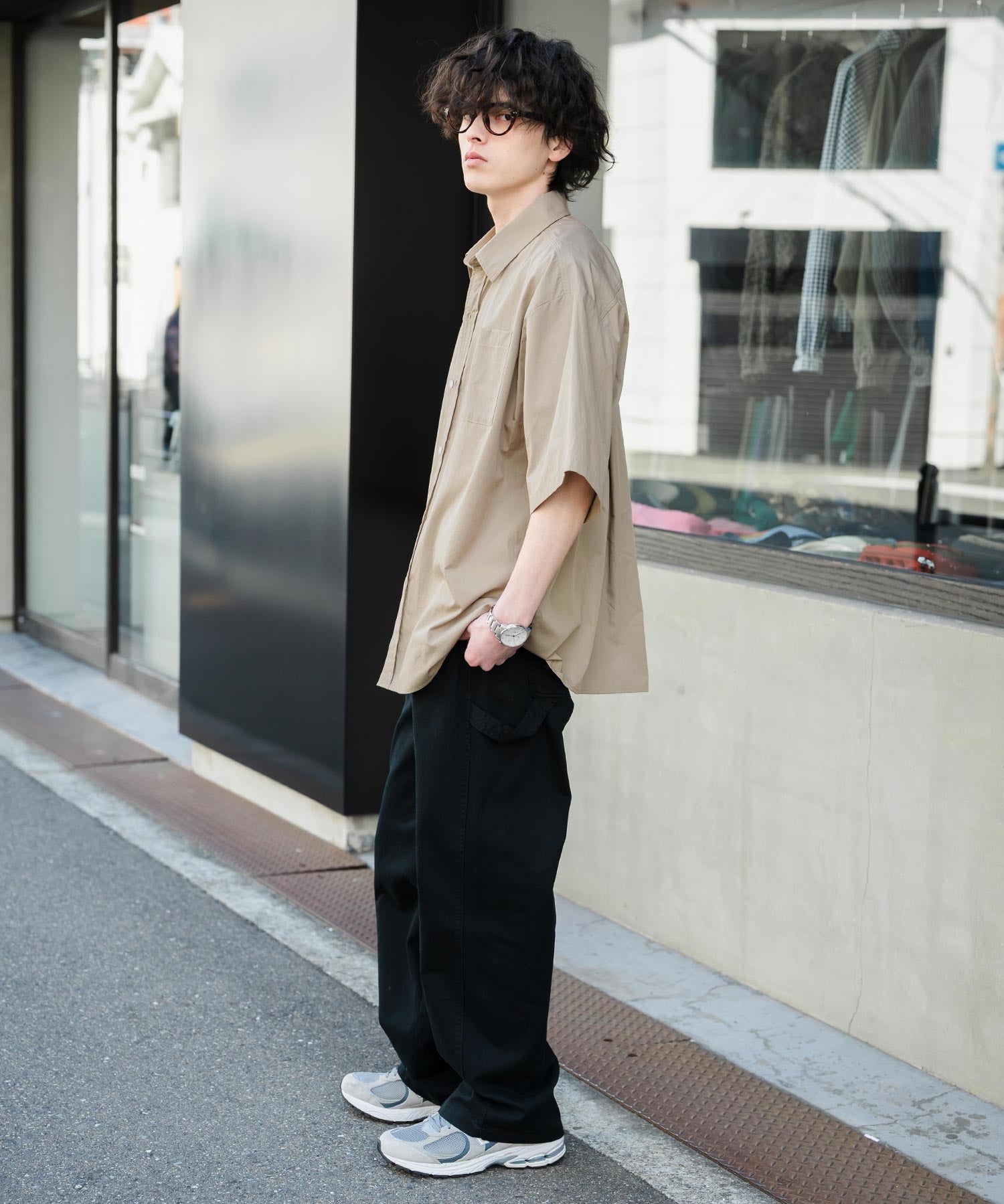 新色追加 オーバーサイズ 無地/チェック柄/ストライプ柄レギュラーカラー半袖シャツ 13977