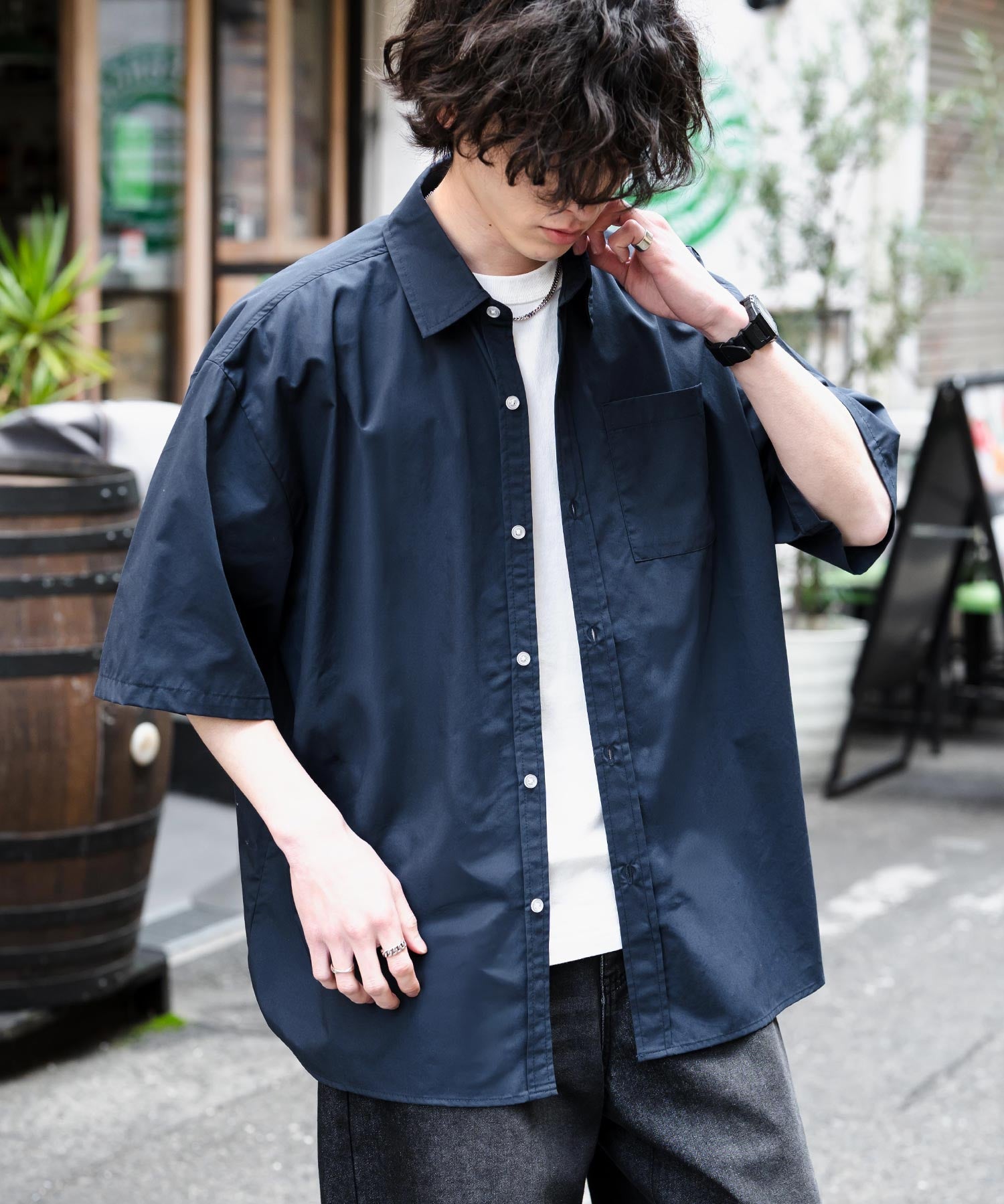 新色追加 オーバーサイズ 無地/チェック柄/ストライプ柄レギュラーカラー半袖シャツ 13977