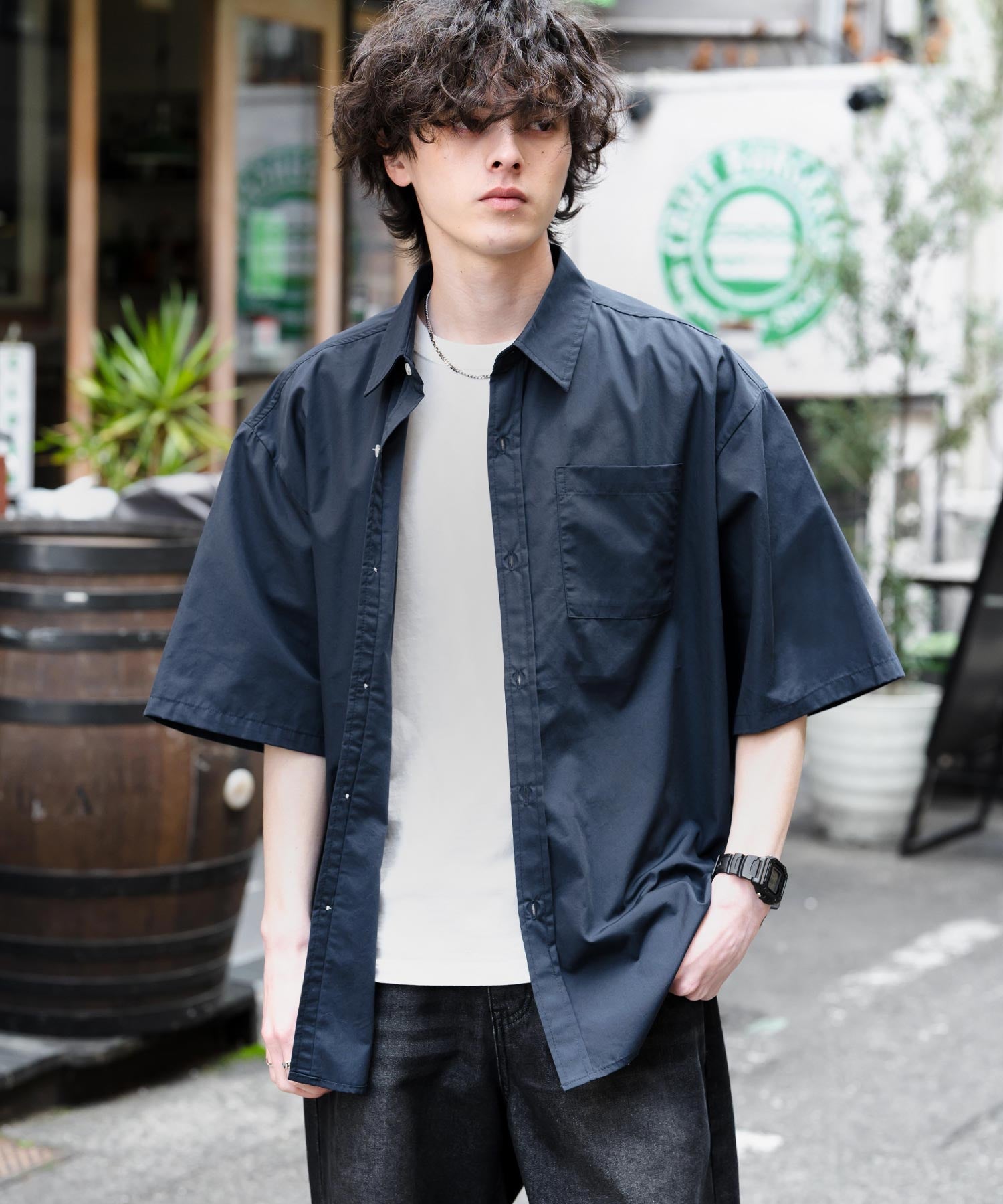 新色追加 オーバーサイズ 無地/チェック柄/ストライプ柄レギュラーカラー半袖シャツ 13977