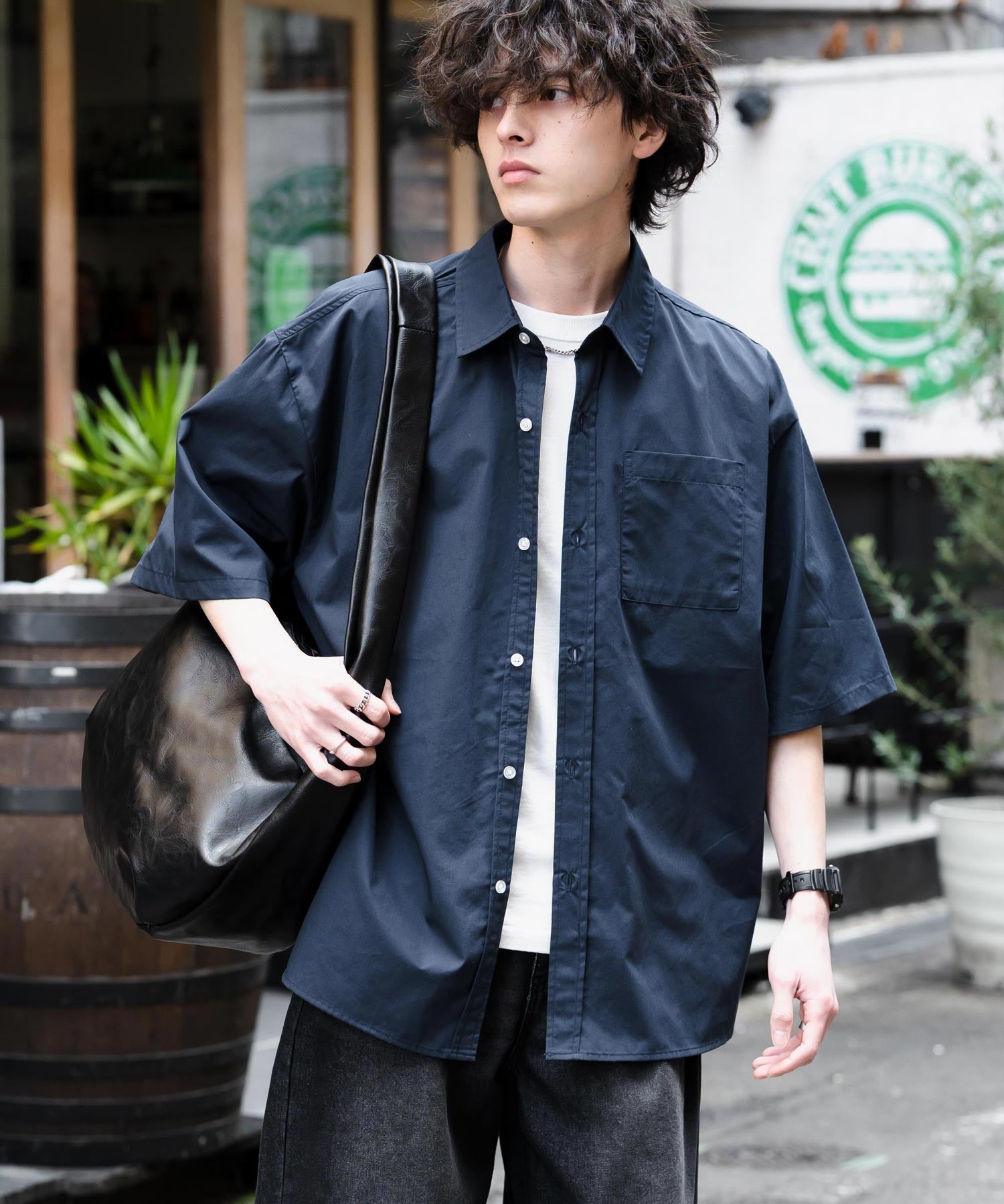 新色追加 オーバーサイズ 無地/チェック柄/ストライプ柄レギュラーカラー半袖シャツ 13977