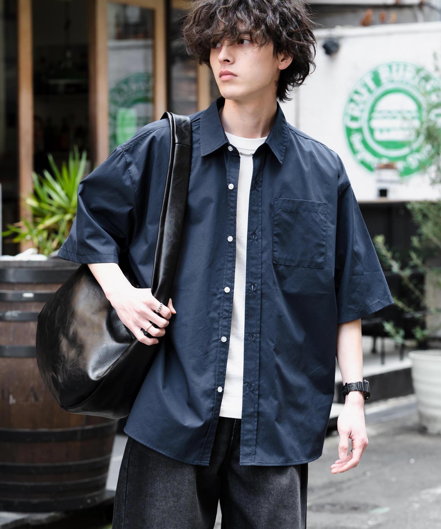 ストライプ柄レギュラーカラー半袖シャツ 13977