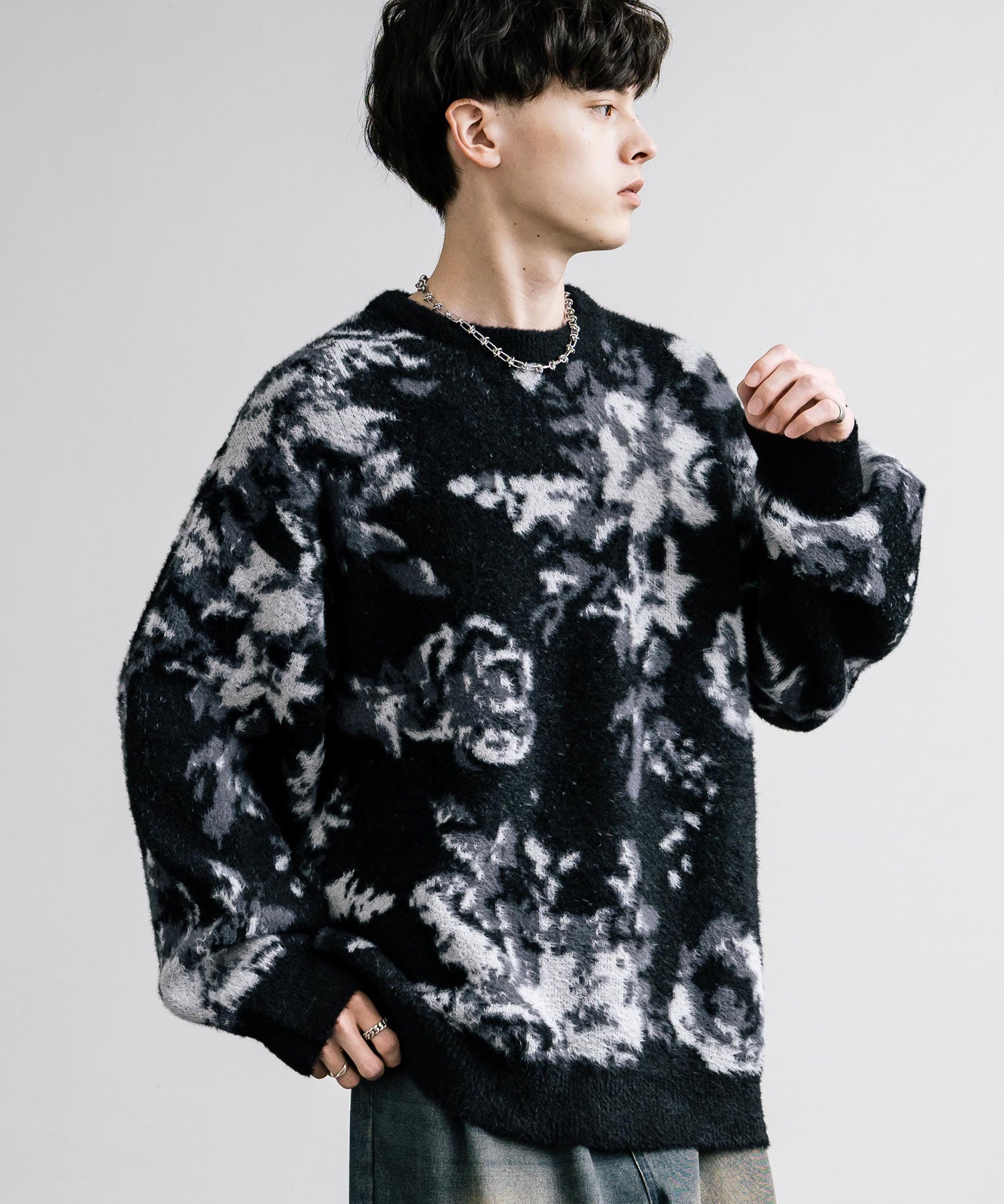 新色追加 フェザーヤーン オーバーサイズフラワー柄クルーネックニット 14031