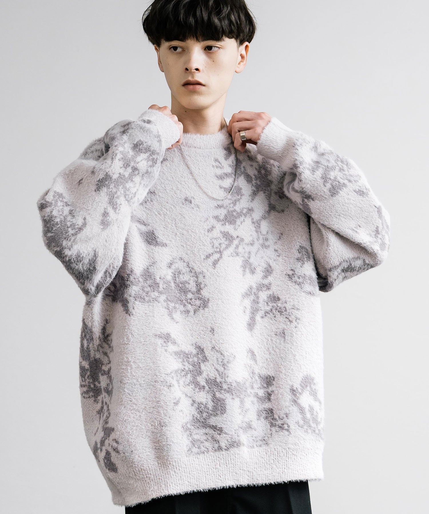 新色追加 フェザーヤーン オーバーサイズフラワー柄クルーネックニット 14031