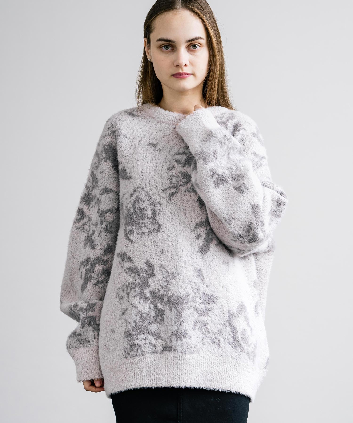 新色追加 フェザーヤーン オーバーサイズフラワー柄クルーネックニット 14031