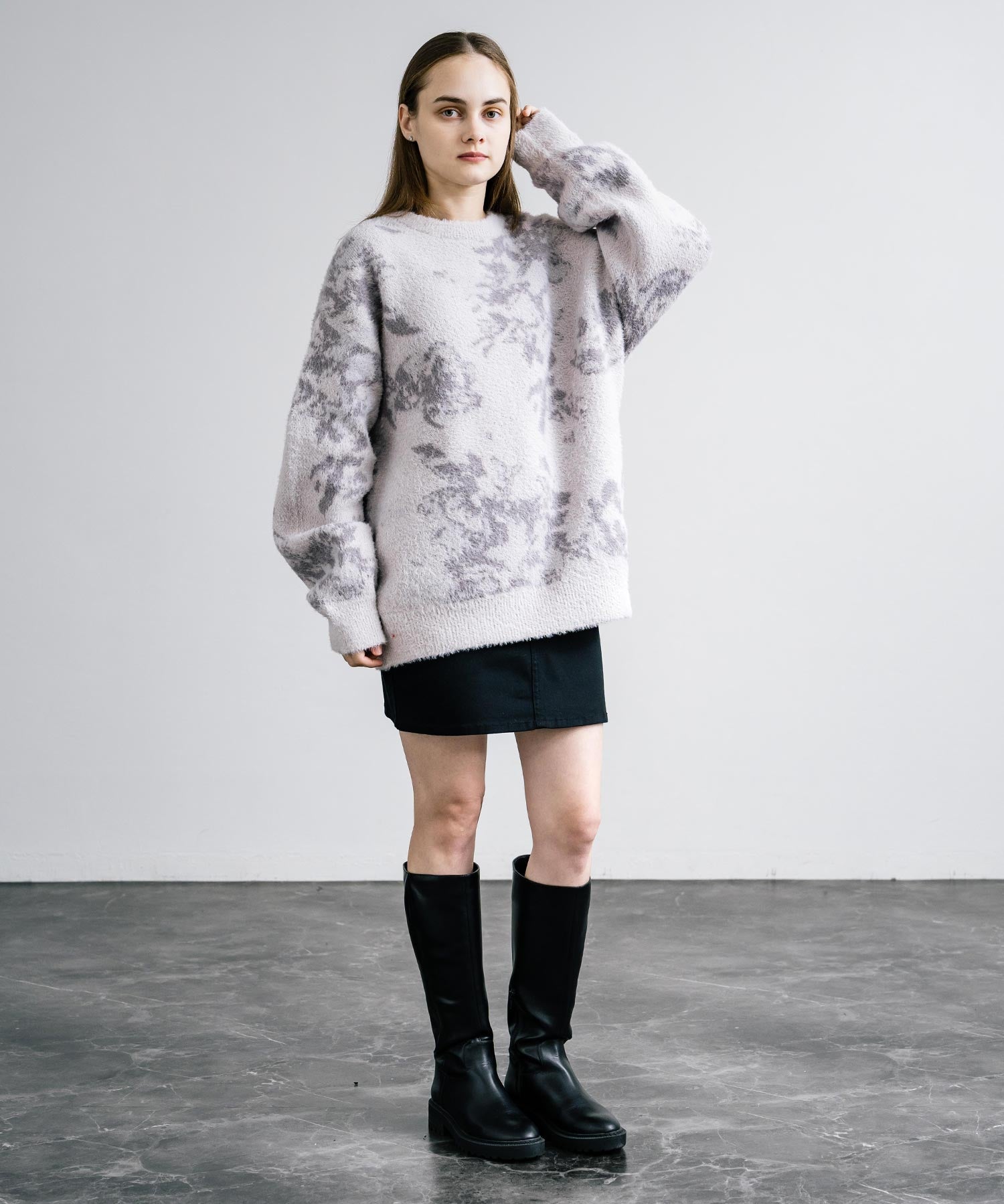 新色追加 フェザーヤーン オーバーサイズフラワー柄クルーネックニット 14031