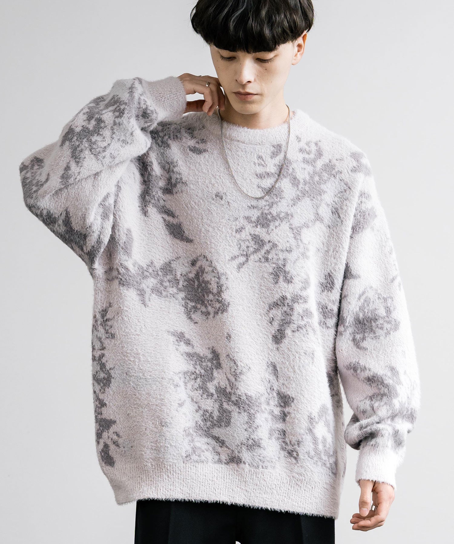 新色追加 フェザーヤーン オーバーサイズフラワー柄クルーネックニット 14031