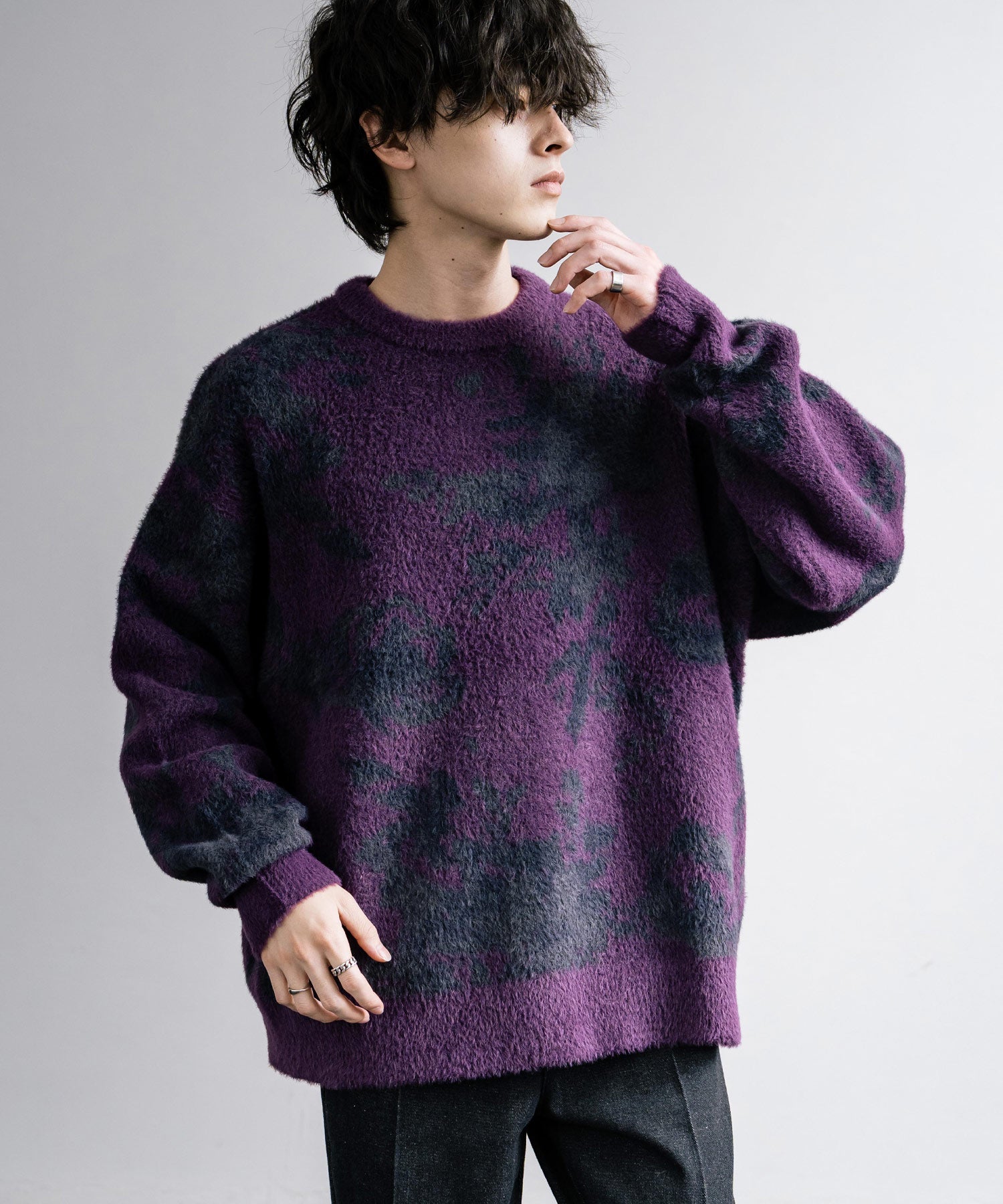 新色追加 フェザーヤーン オーバーサイズフラワー柄クルーネックニット 14031