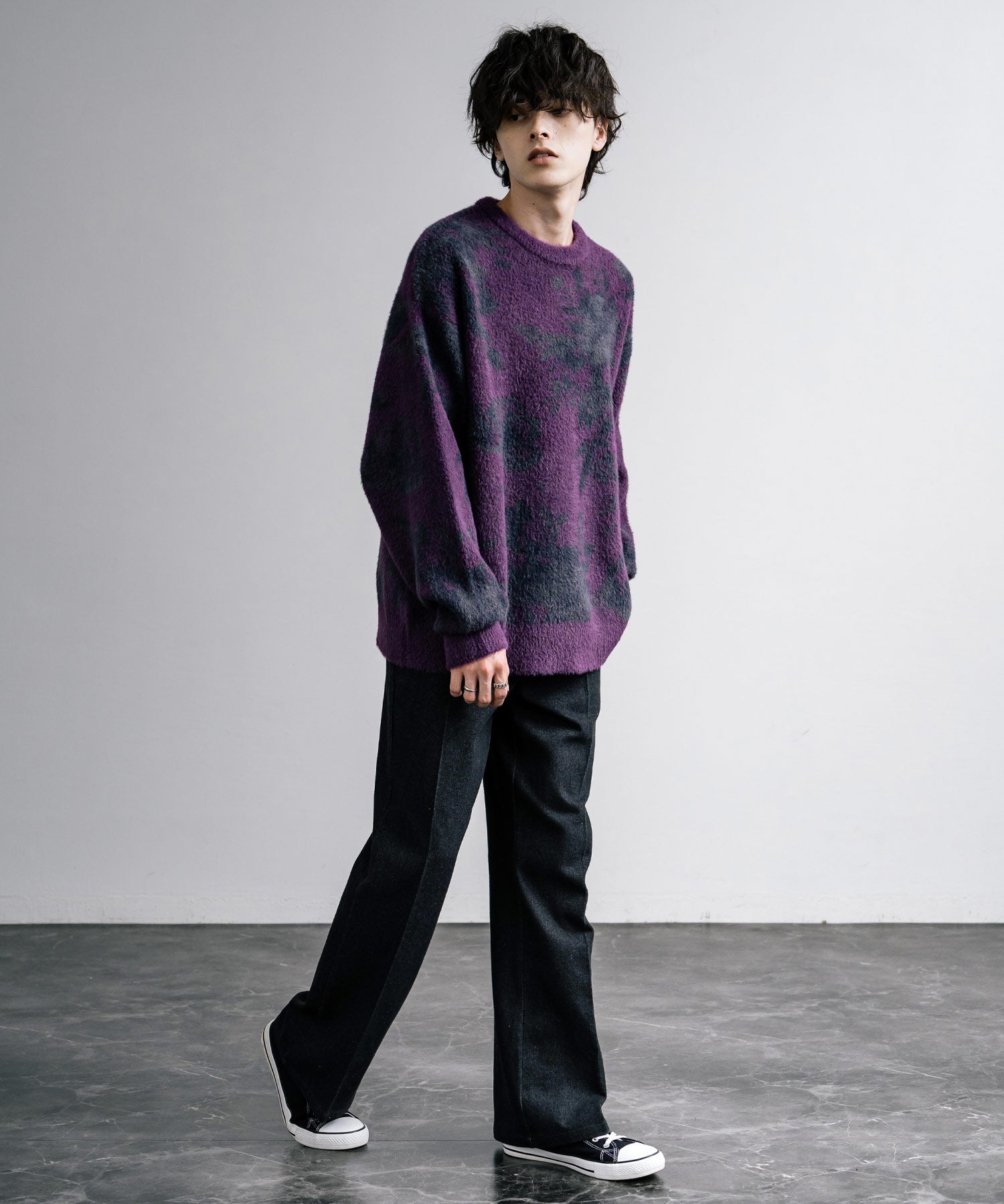 新色追加 フェザーヤーン オーバーサイズフラワー柄クルーネックニット 14031