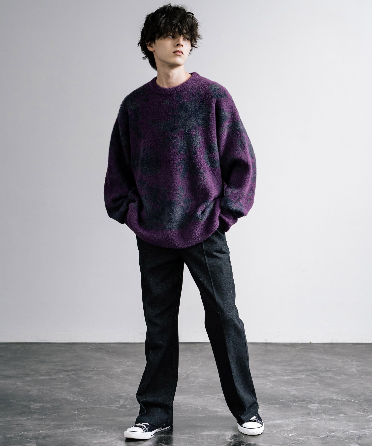 新色追加 フェザーヤーン オーバーサイズフラワー柄クルーネックニット 14031