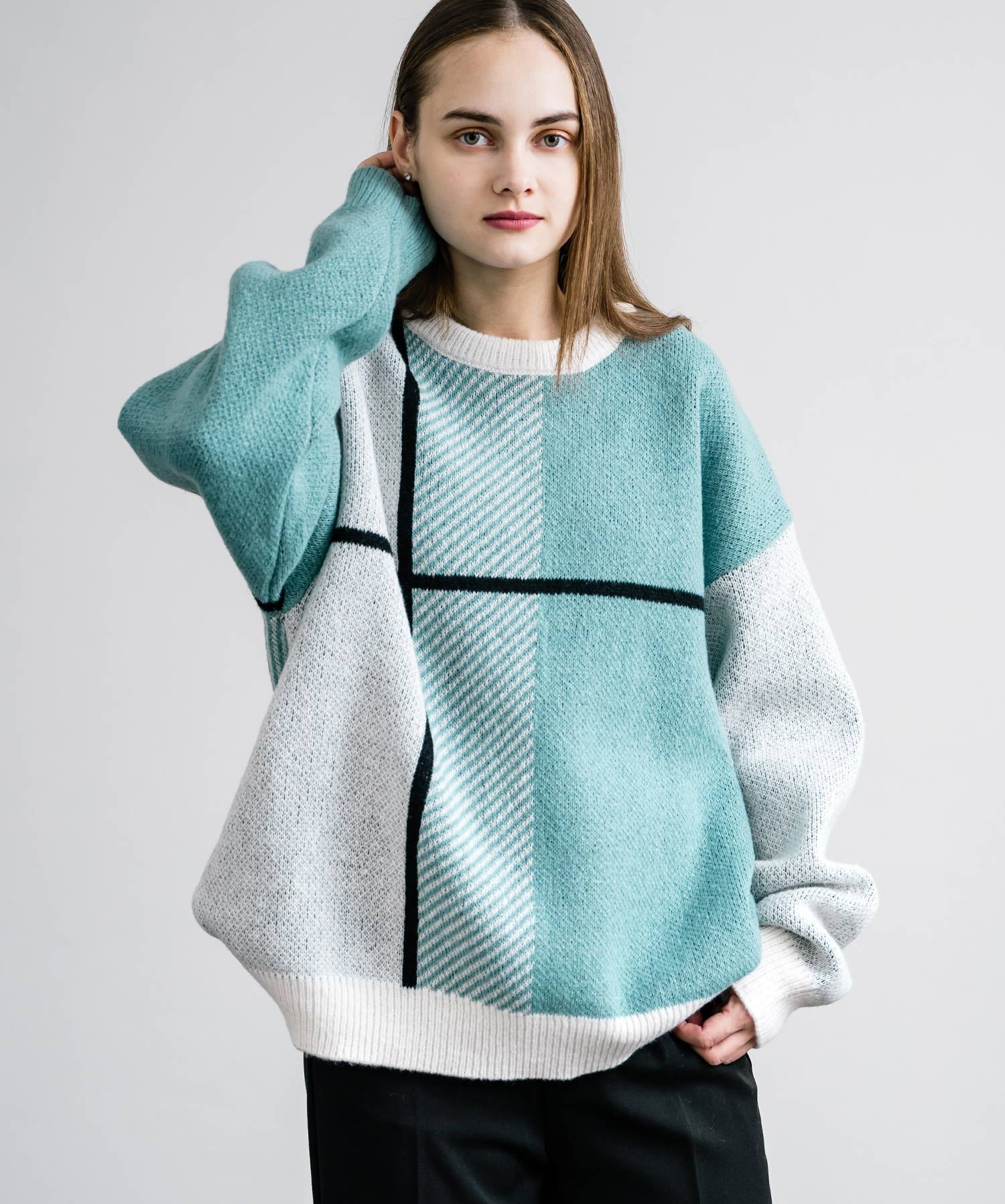 新色追加 オーバーサイズ クロスチェック柄クルーニット　14052