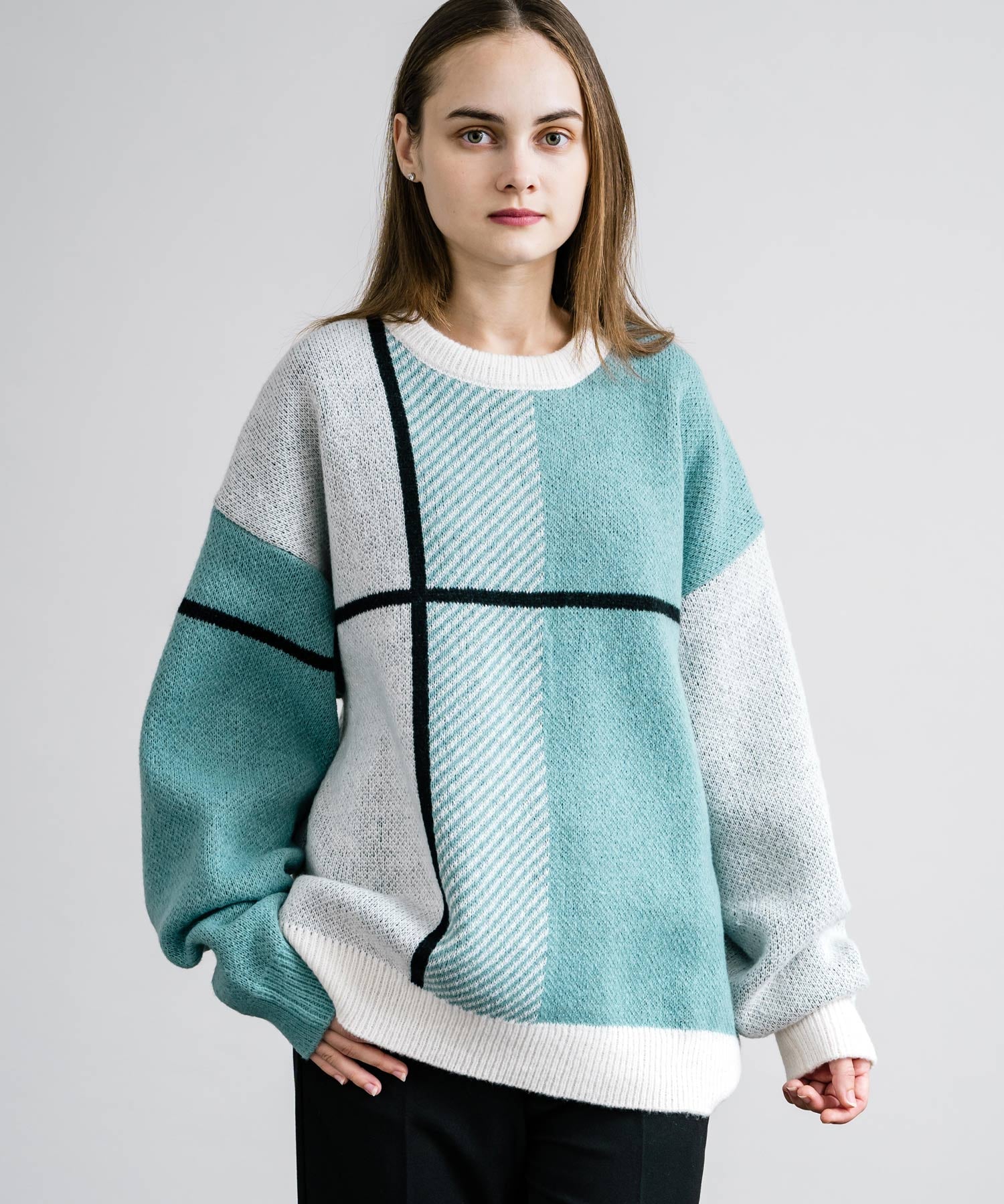 新色追加 オーバーサイズ クロスチェック柄クルーニット　14052