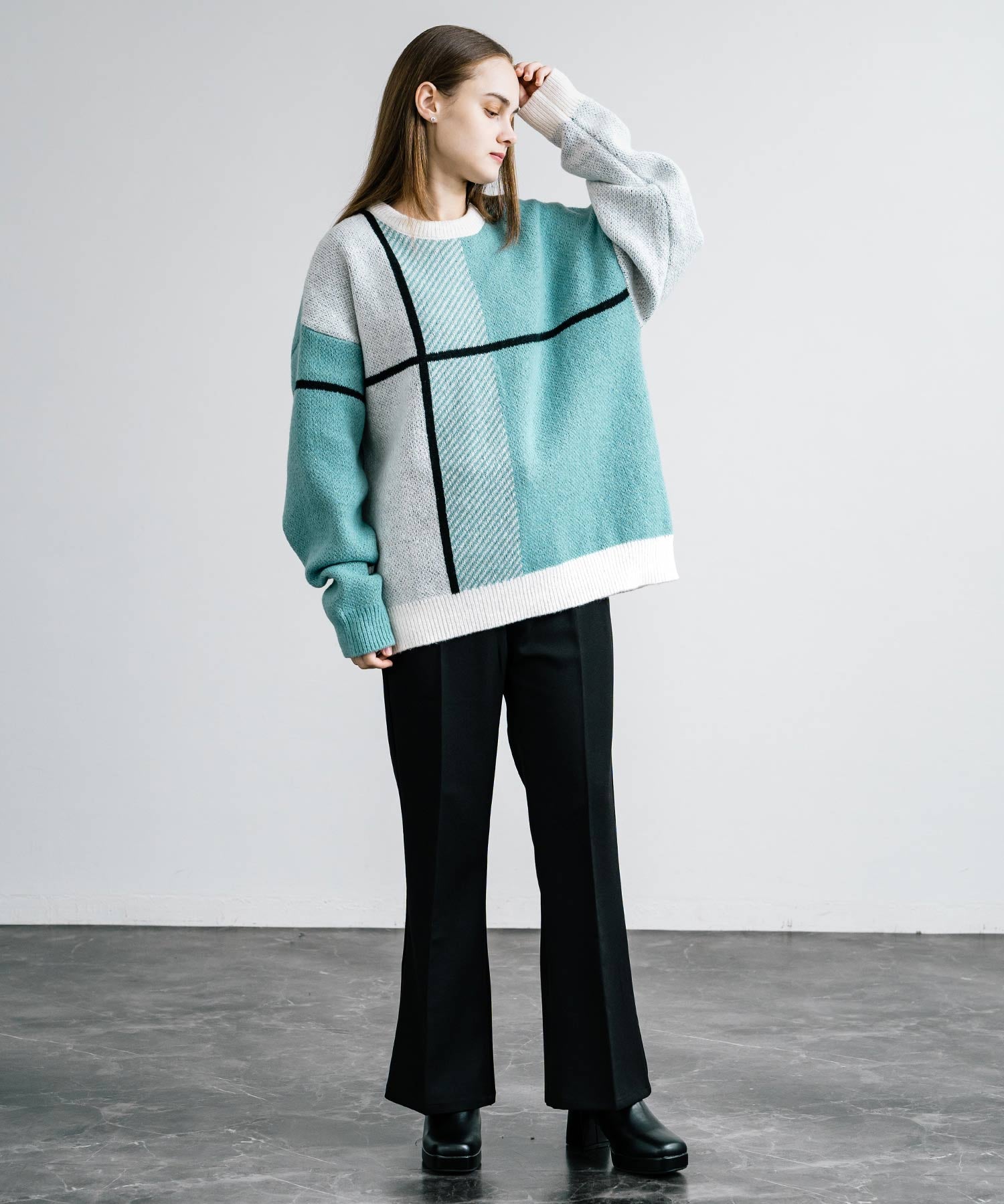 新色追加 オーバーサイズ クロスチェック柄クルーニット　14052