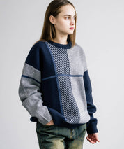 新色追加 オーバーサイズ クロスチェック柄クルーニット　14052