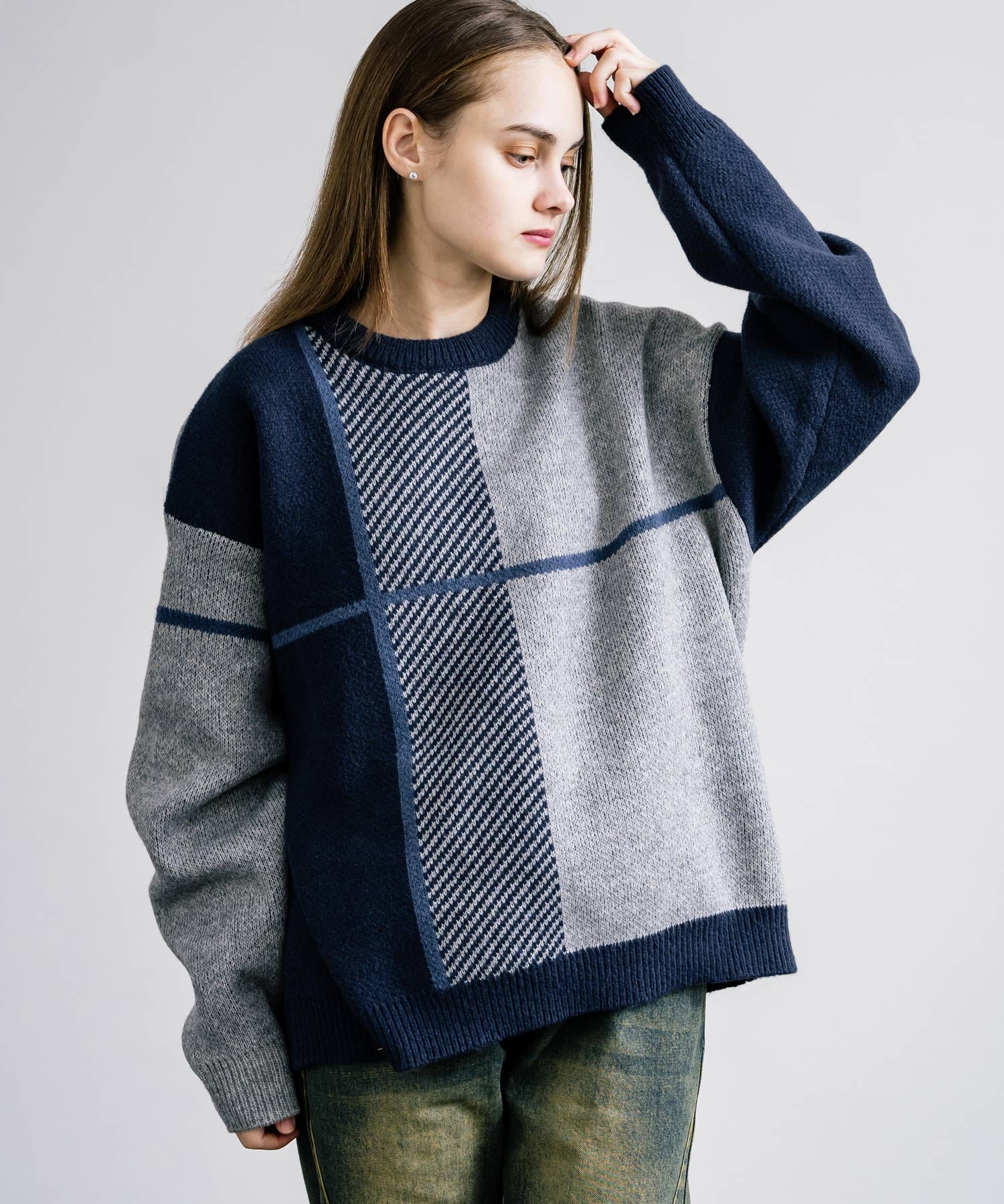 新色追加 オーバーサイズ クロスチェック柄クルーニット　14052