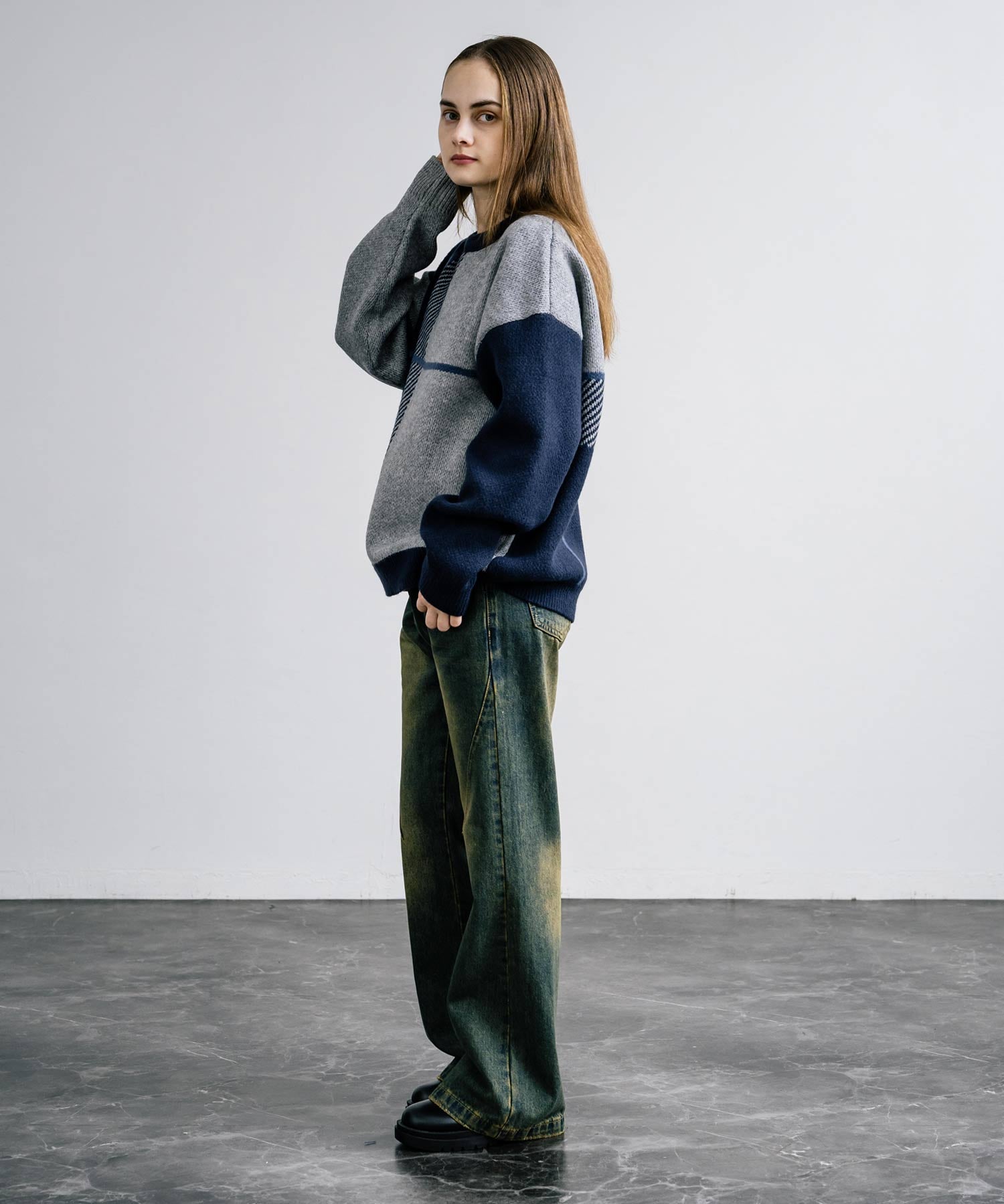 新色追加 オーバーサイズ クロスチェック柄クルーニット　14052