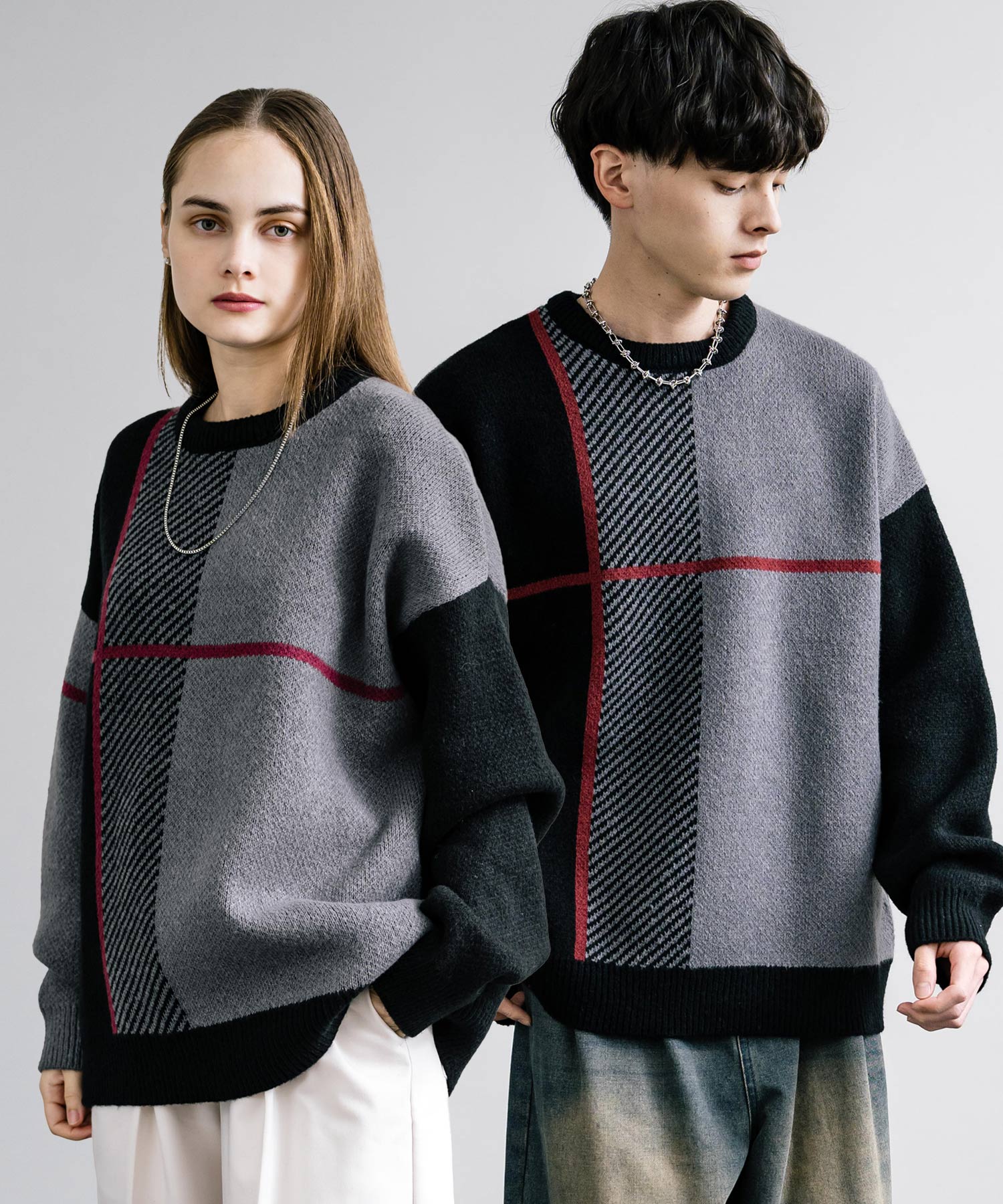 新色追加 オーバーサイズ クロスチェック柄クルーニット　14052