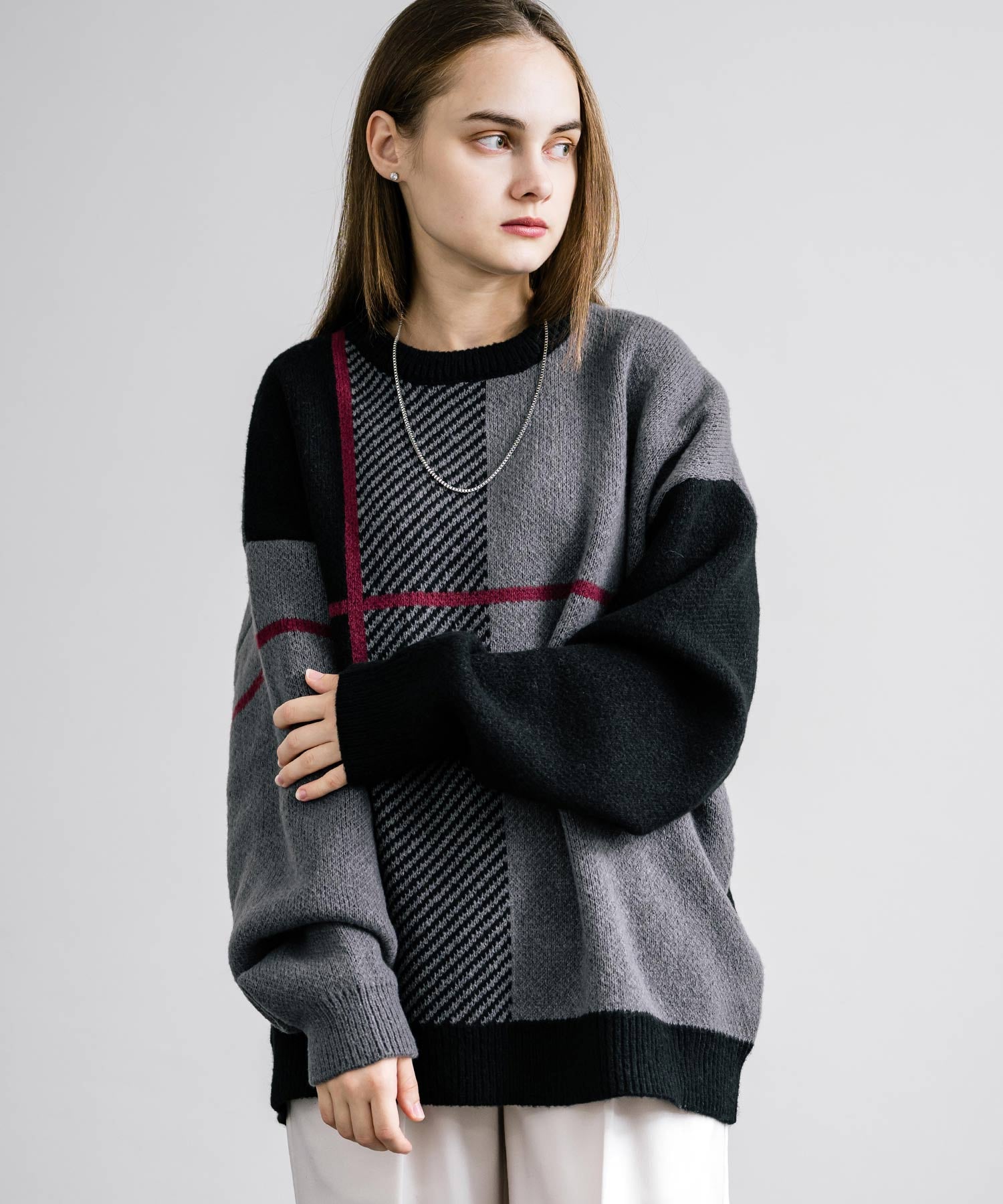 新色追加 オーバーサイズ クロスチェック柄クルーニット　14052