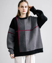 新色追加 オーバーサイズ クロスチェック柄クルーニット　14052