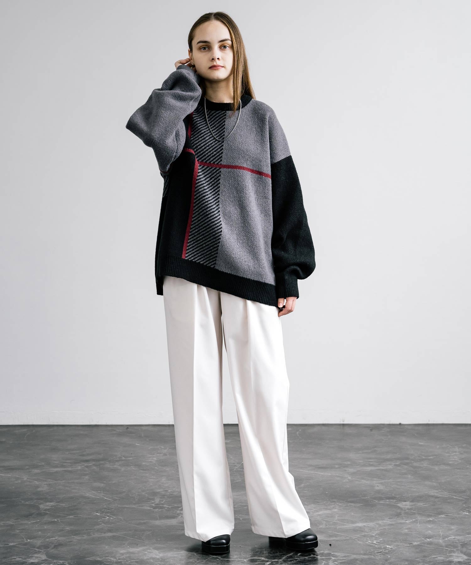 新色追加 オーバーサイズ クロスチェック柄クルーニット　14052