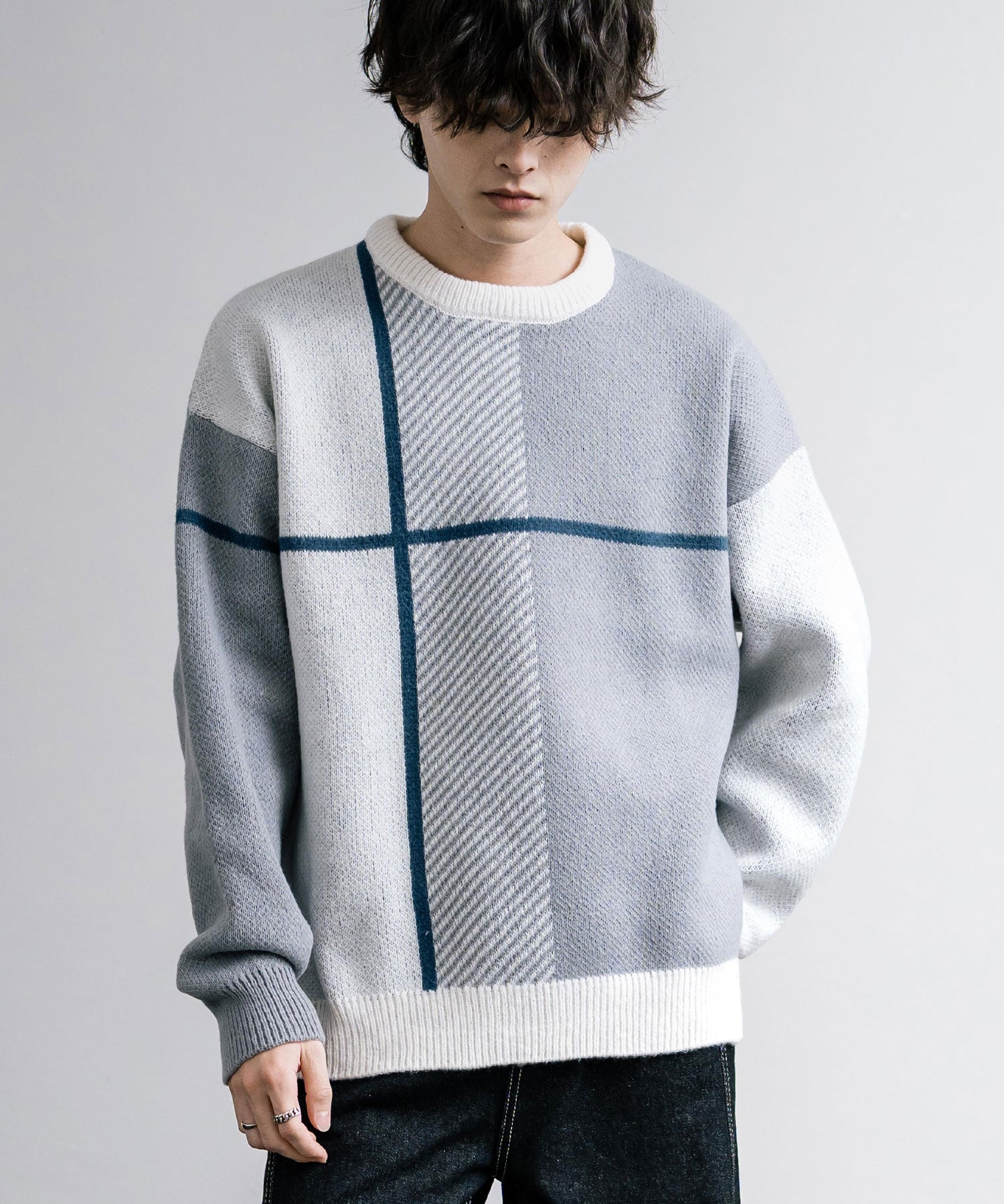 新色追加 オーバーサイズ クロスチェック柄クルーニット　14052