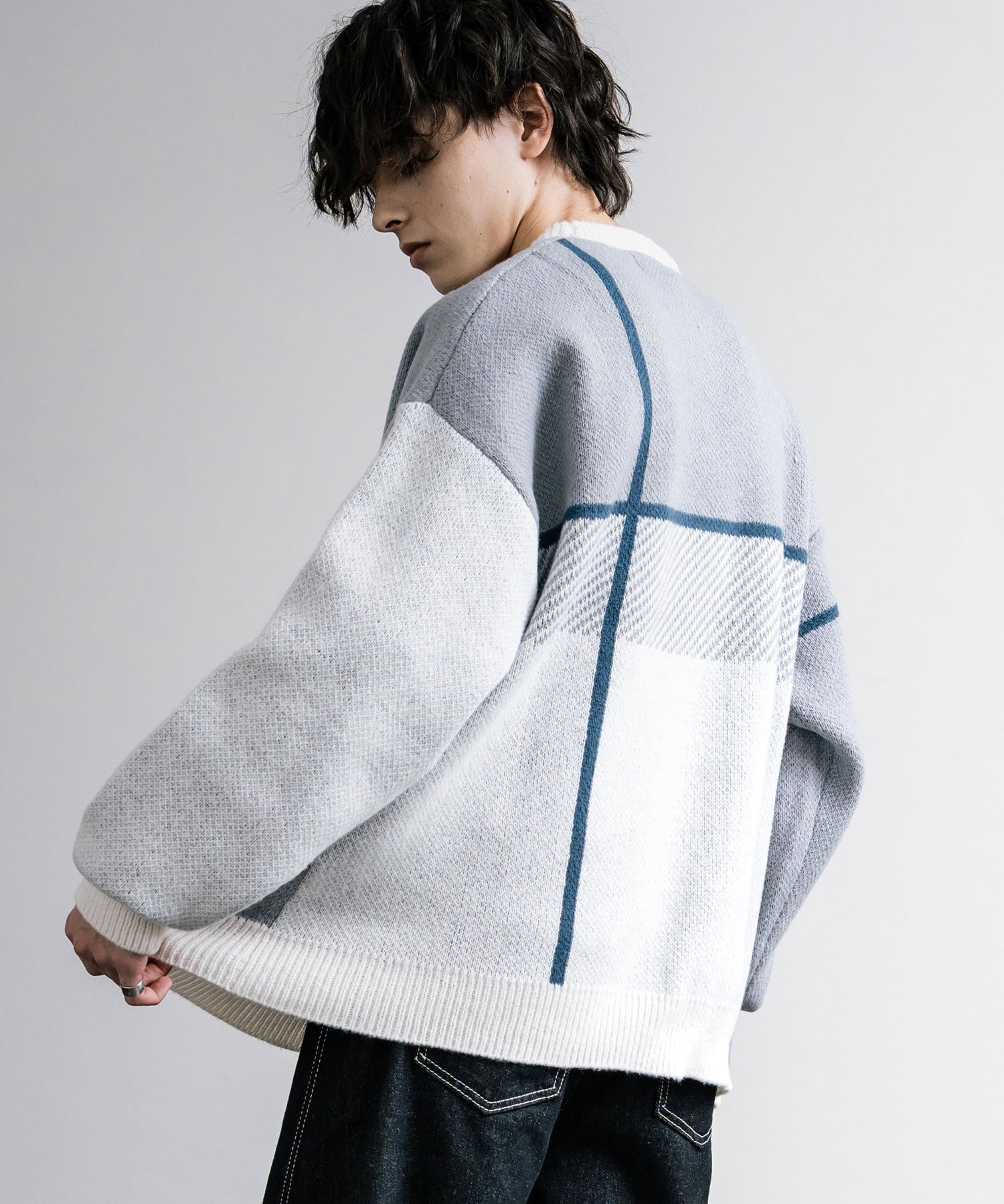 新色追加 オーバーサイズ クロスチェック柄クルーニット　14052