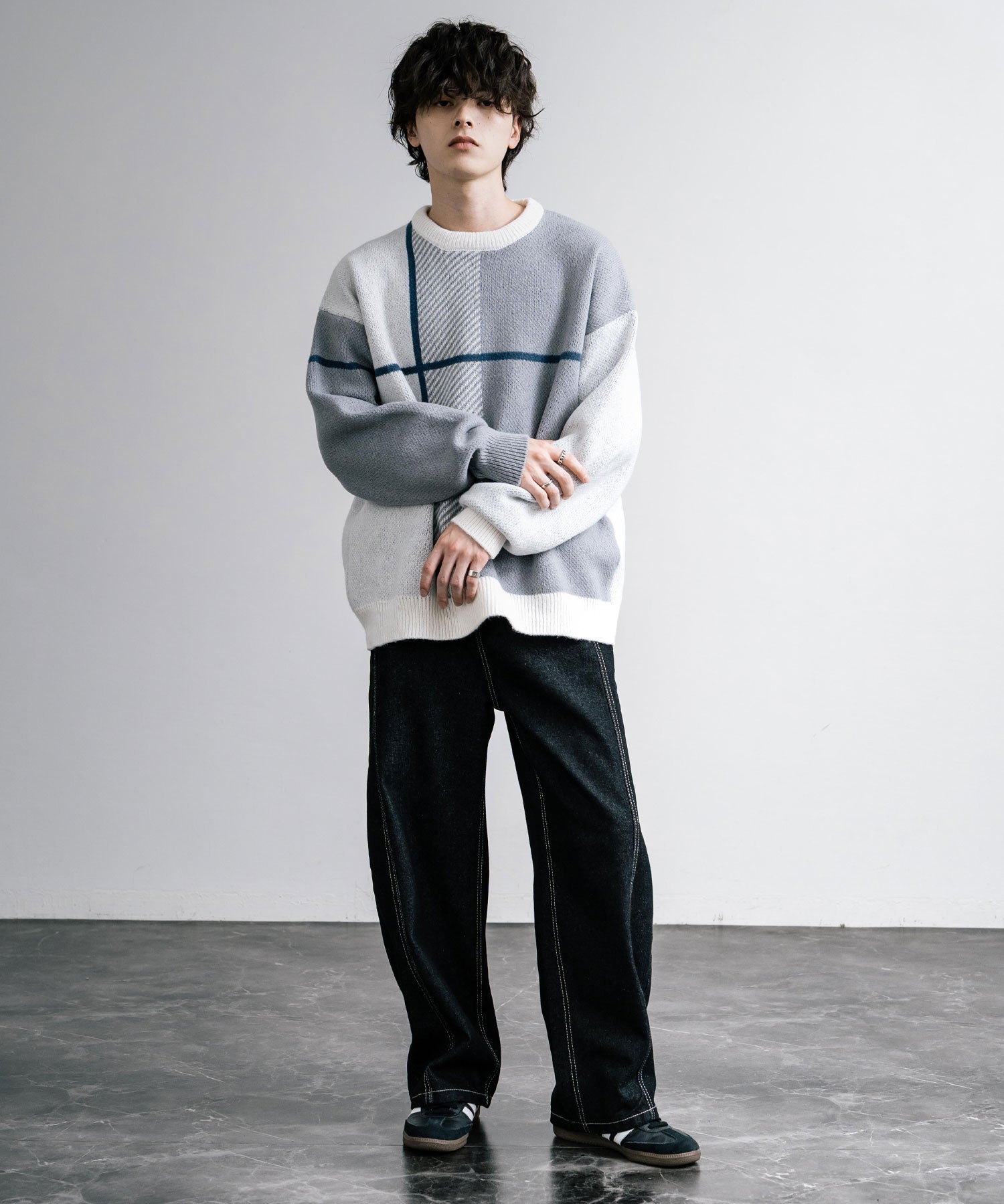 新色追加 オーバーサイズ クロスチェック柄クルーニット　14052